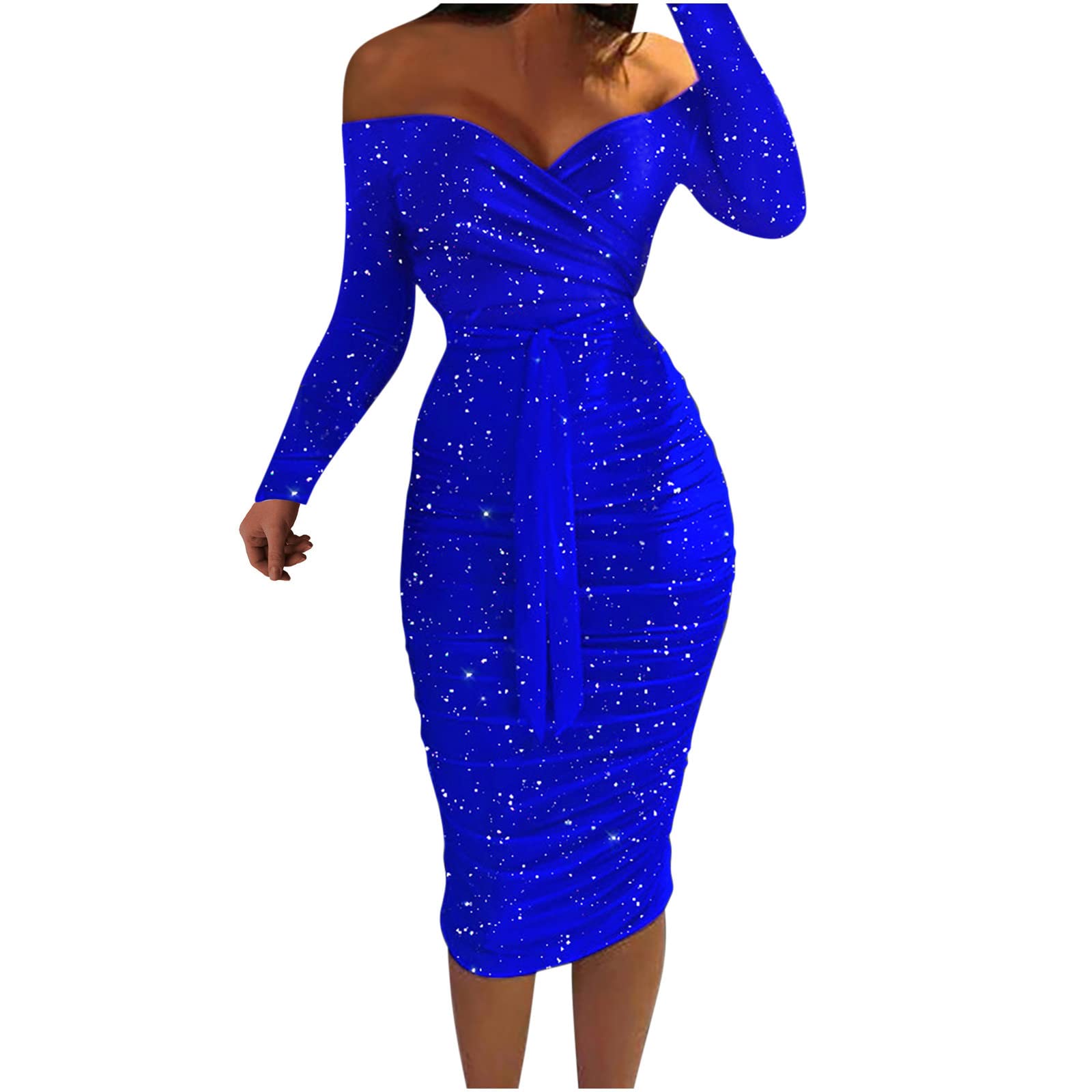 Jsarle Women's Sexy Off Shoulder Long Sleeve Sequin Bodycon Dress - Wedding Guest, Formal Business Party Gown - Perfect for Evening Events, Cocktail Parties & Special Occasions