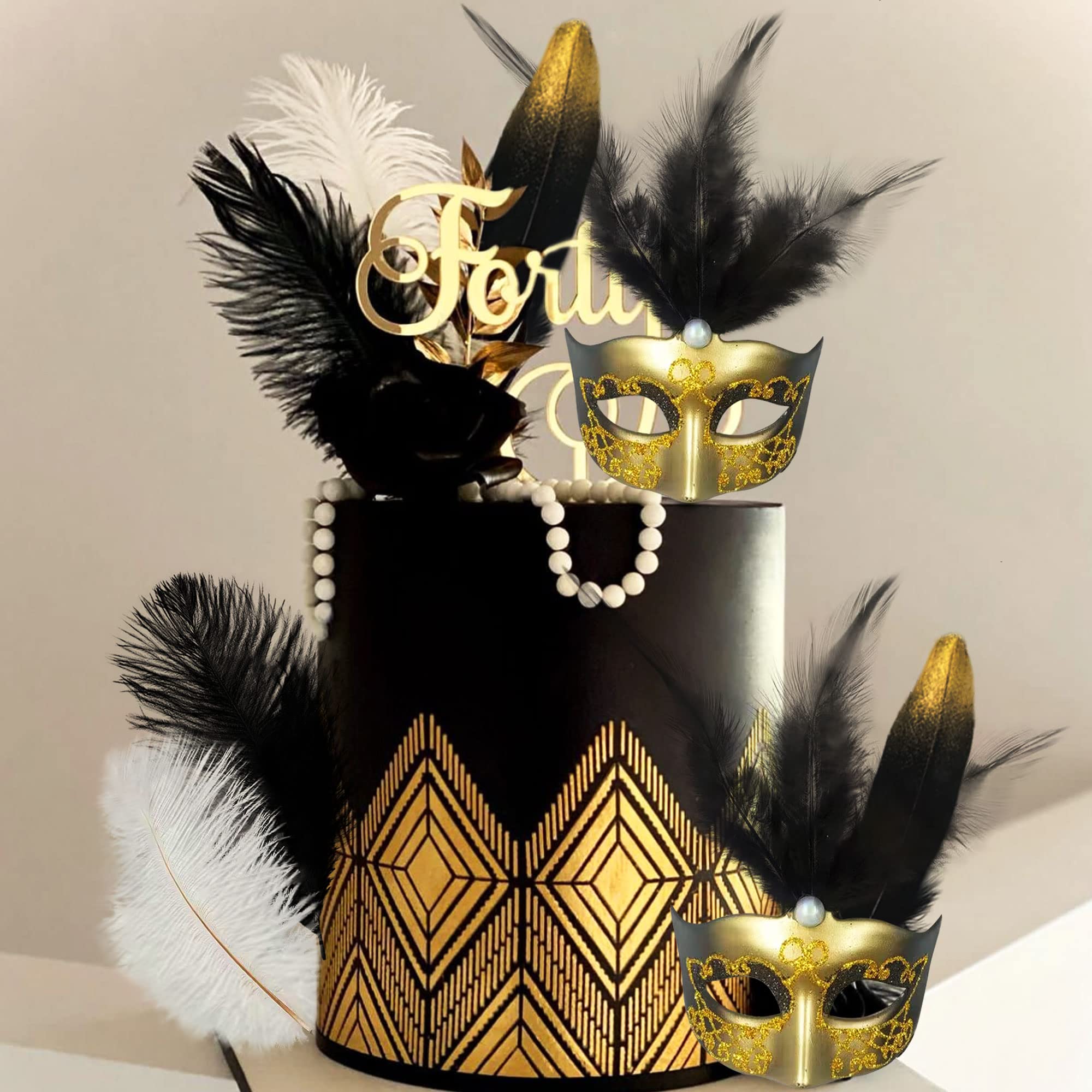 JeVenis Art Deco Cake Mask - Black Gold Masquerade Mask with Feathers for Gatsby Themed Prom Cakes, Wedding Cakes & Party Dessert Decorations | Perfect for 1920s Inspired Events, Birthday Parties & Elegant Celebrations