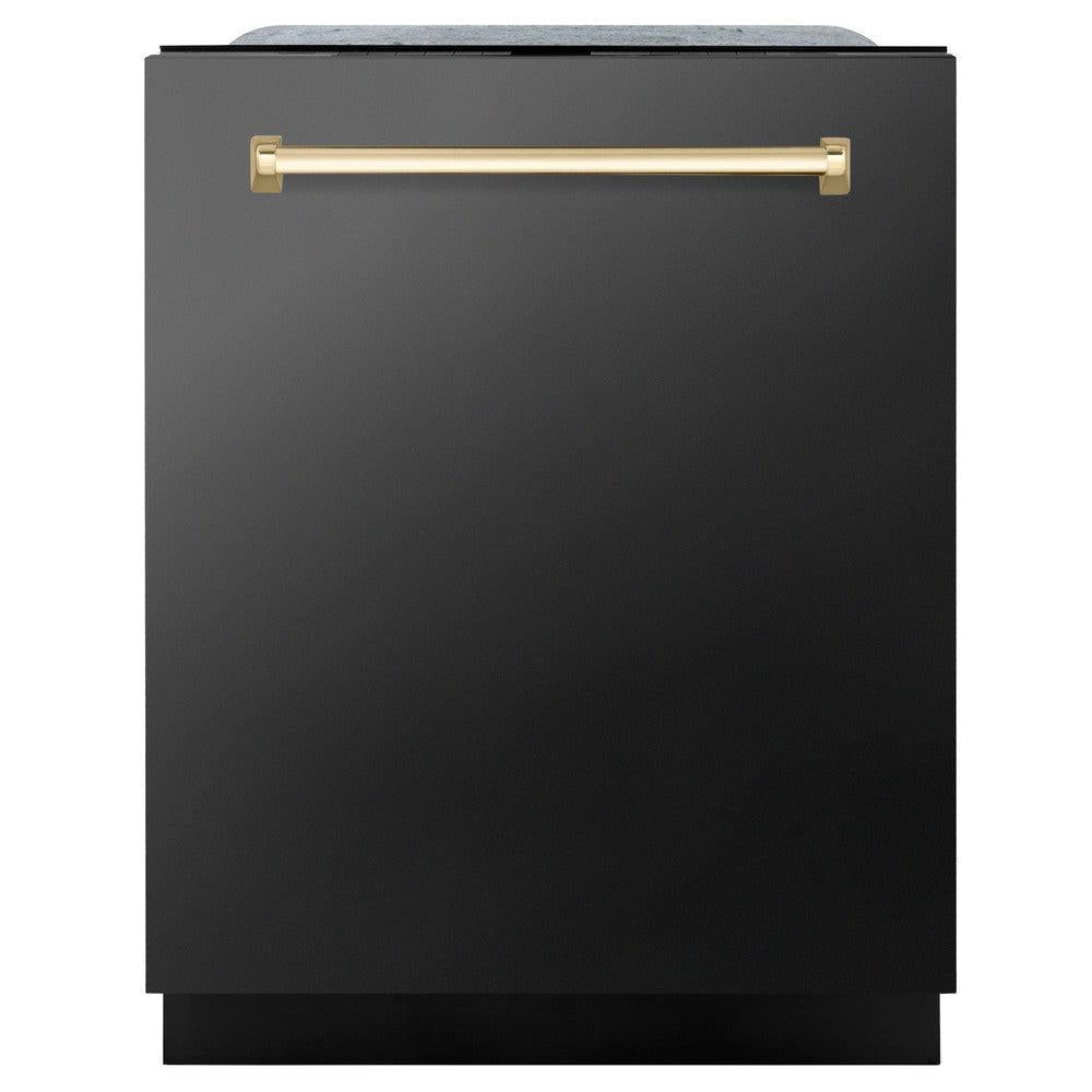 ZLINE Autograph Edition 24-inch Black Stainless Steel Dishwasher with Polished Gold Handle - 45dBa Ultra Quiet, 3rd Rack, Tall Tub Design | Perfect for Modern Kitchens, Small Spaces & Luxury Homes (Model DWMTZ BS 24 G)