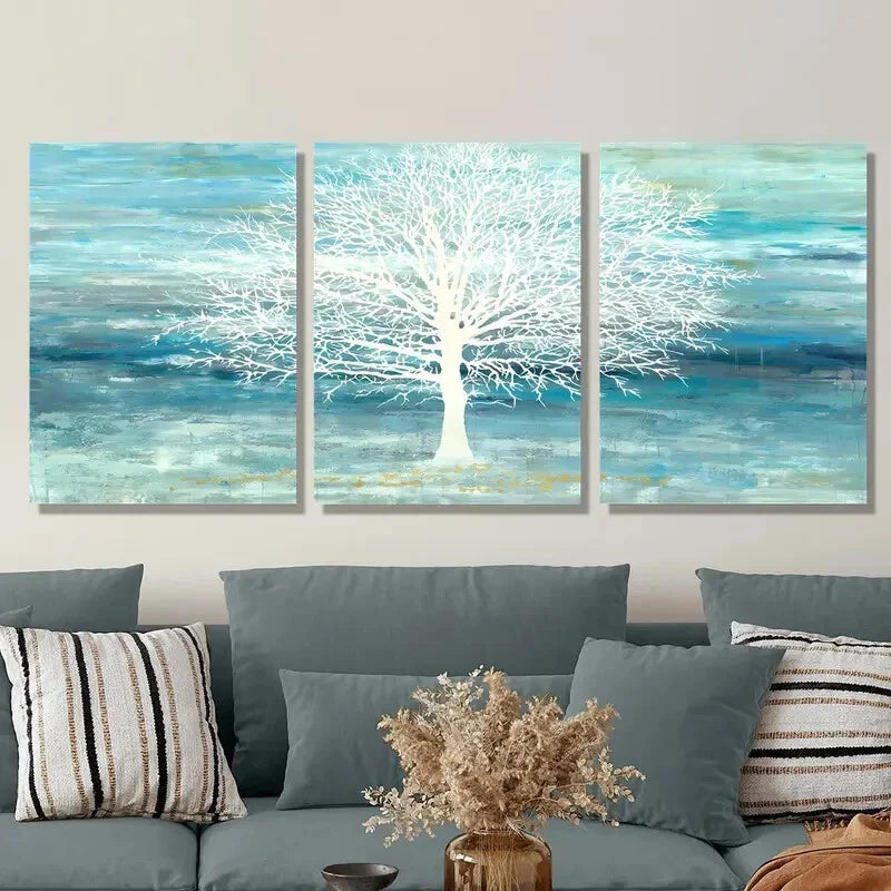3-Piece Abstract Cyan and Blue Landscape Painting Metal Print - Ready to Hang Wall Art for Living Room, Bedroom & Office Decor