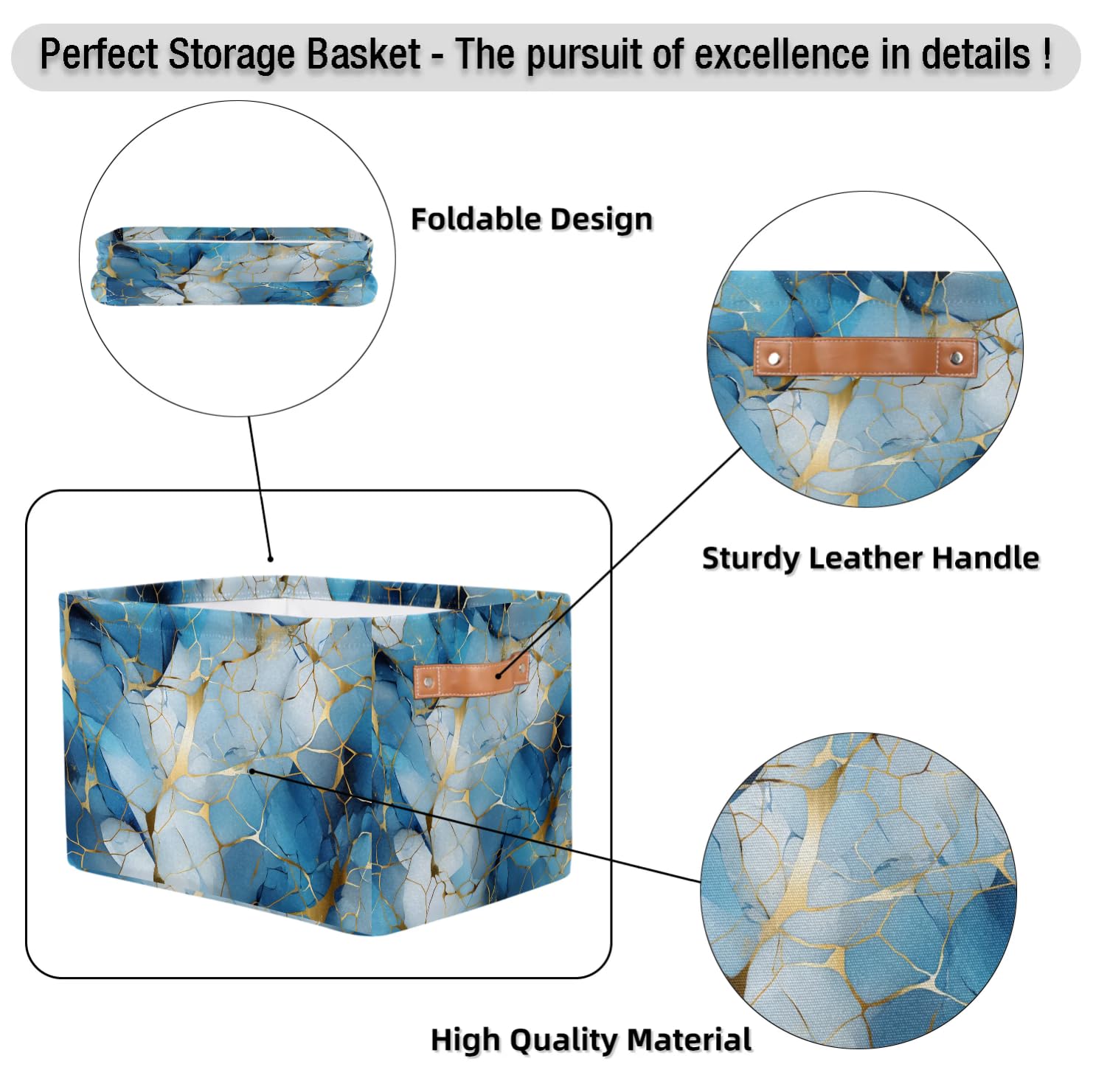 Marbled Storage Basket with Handles - 2 Pack Multi-Purpose Organizer for Closet, Toys & Home Decor | Blue Crushed Flower Design | Perfect for Bedroom, Bathroom & Kids Room Storage
