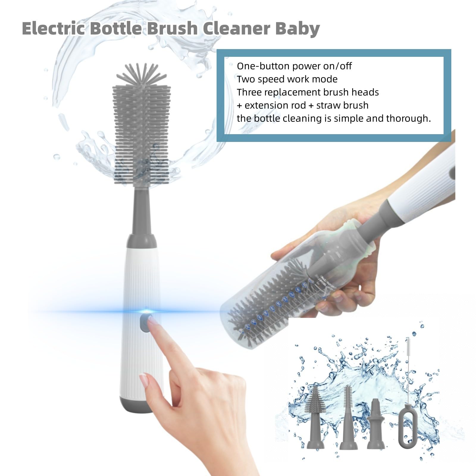 Electric Bottle Brush Set - 3 Replaceable Silicone Baby Bottle Brushes with Extension Handle | Waterproof & Durable | Perfect for Baby Bottles, Sippy Cups & Water Bottles | Essential Cleaning Tool for Nurseries & Kitchens (Grey)