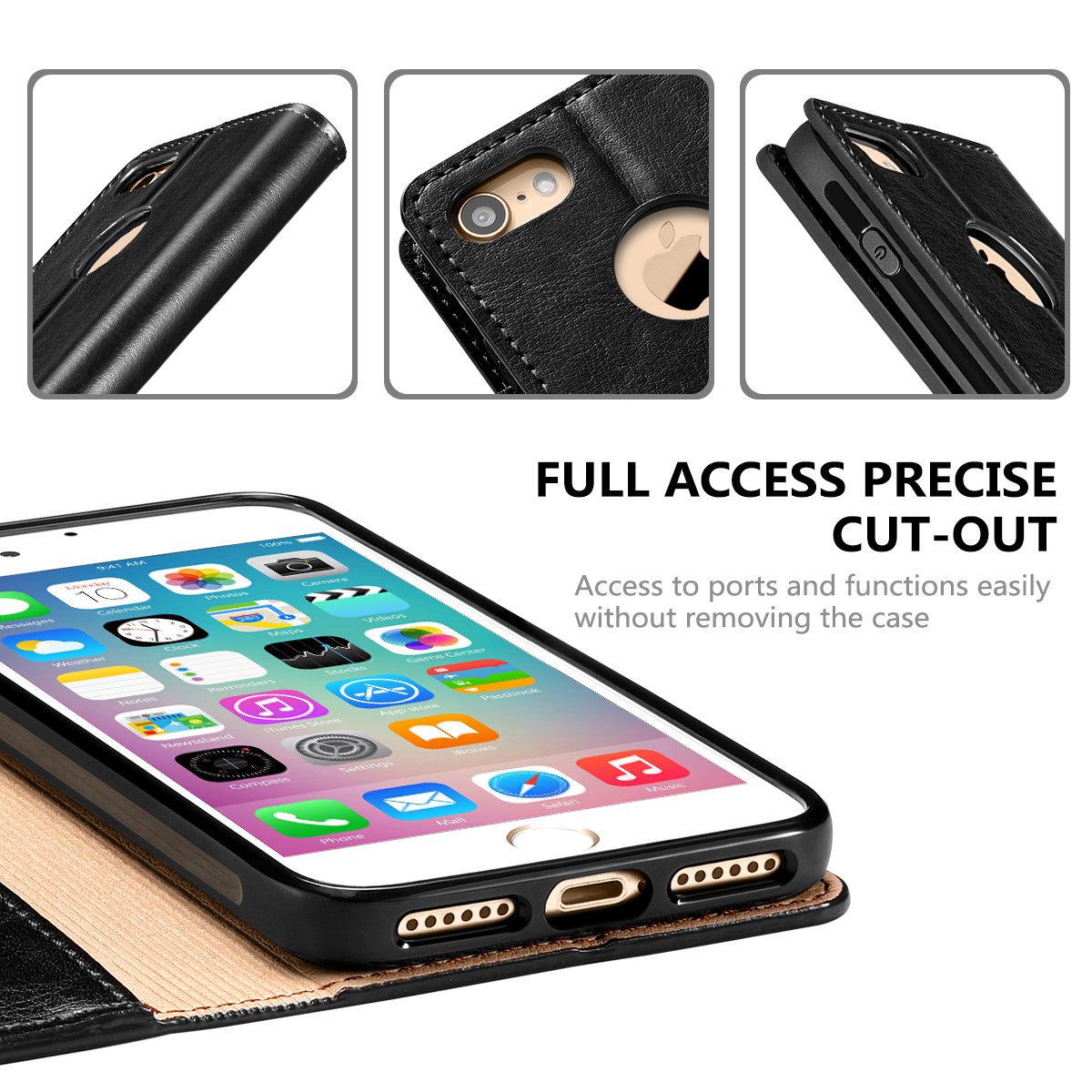 Belemay Genuine Cowhide Leather Wallet Case for iPhone 8 - RFID Blocking Flip Cover with Card Holder Slots, Kickstand & Cash Pocket (Black) | Perfect for Business Travel, Daily Commute & Hands-Free Viewing
