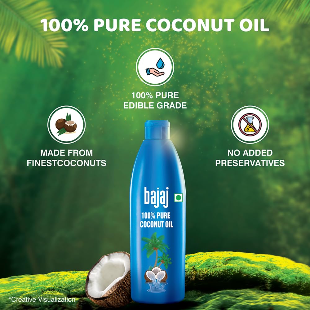 Bajaj 100% Pure Natural Coconut Oil - 600ml for Cooking, Hair Care & Skin Moisturizing - Cold Pressed Virgin Coconut Oil for Healthy Lifestyle