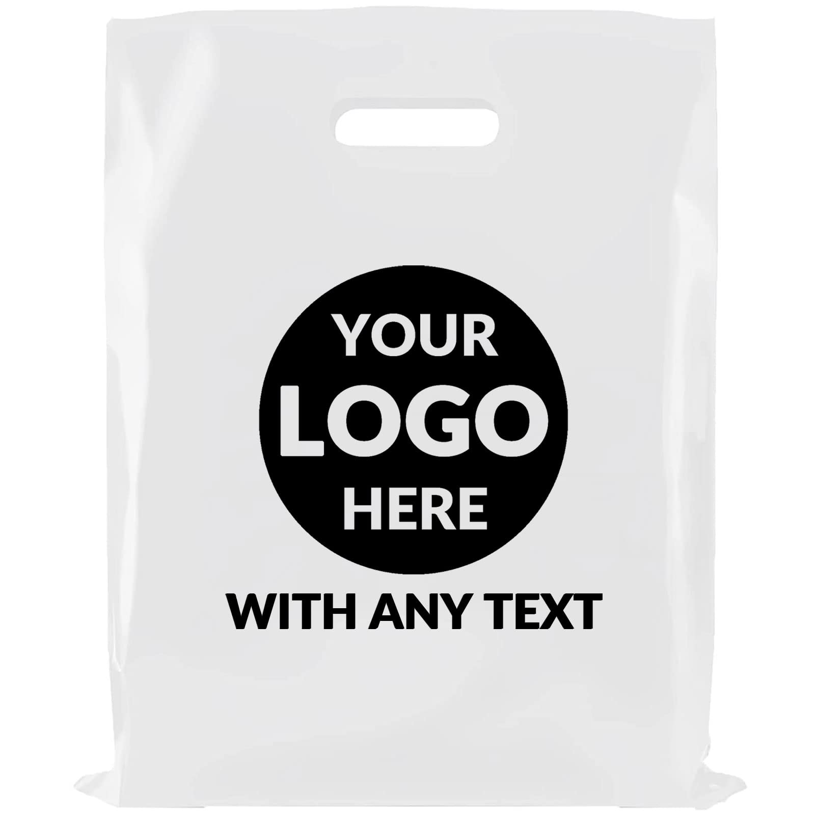 Custom Printed Plastic Bags with Logo - 2.36Mil Thick Personalized Shopping Bags with Die-Cut Handles - Glossy Gift Bags for Retail Stores, Boutiques & Small Businesses (16x20 Inches) - Perfect for Trade Shows, Events, Parties & Brand Promotions