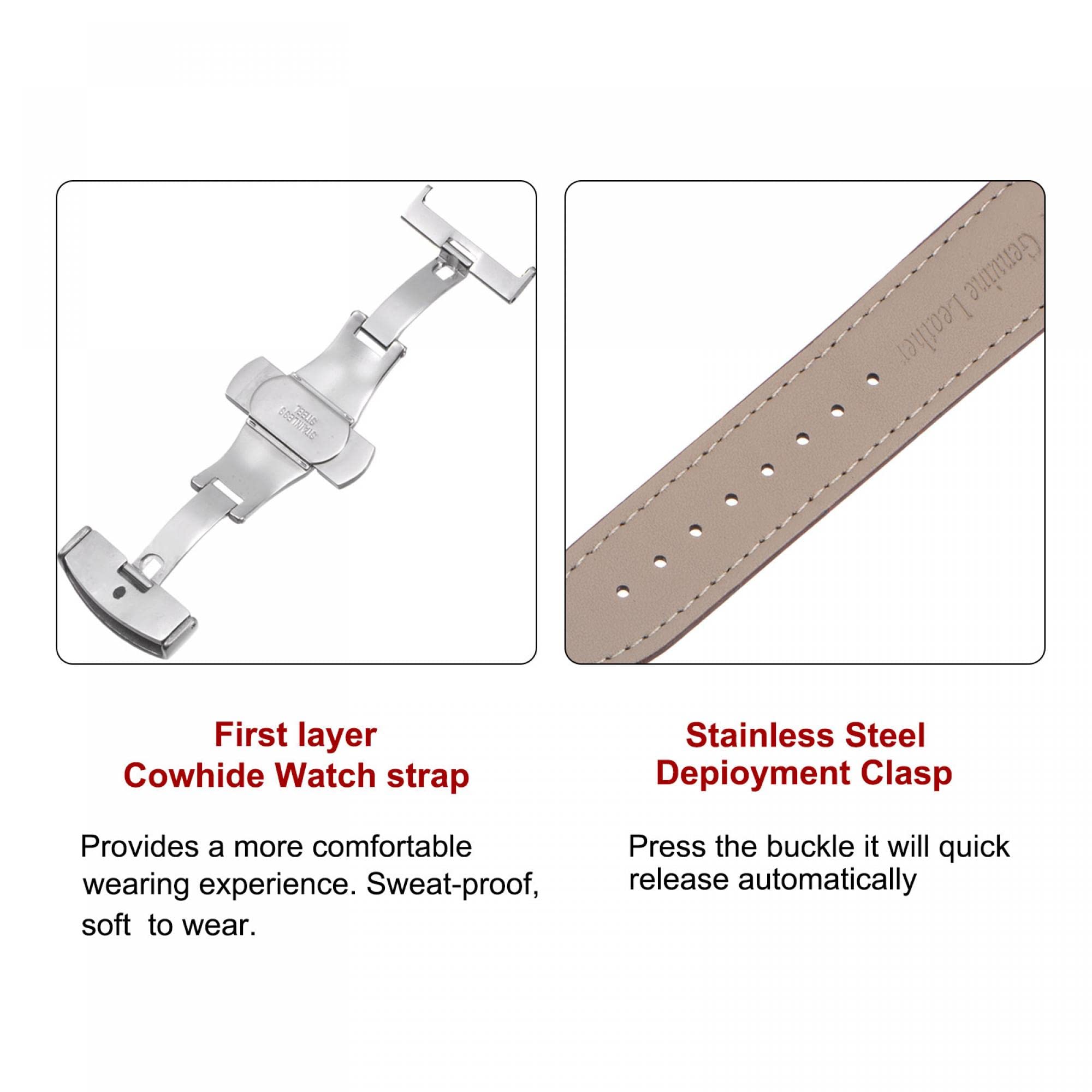 Premium Leather Watch Band with Quick Release Deployment Buckle - Multiple Sizes Cowhide Watch Strap for Men & Women - Perfect for Dress, Casual & Business Wear