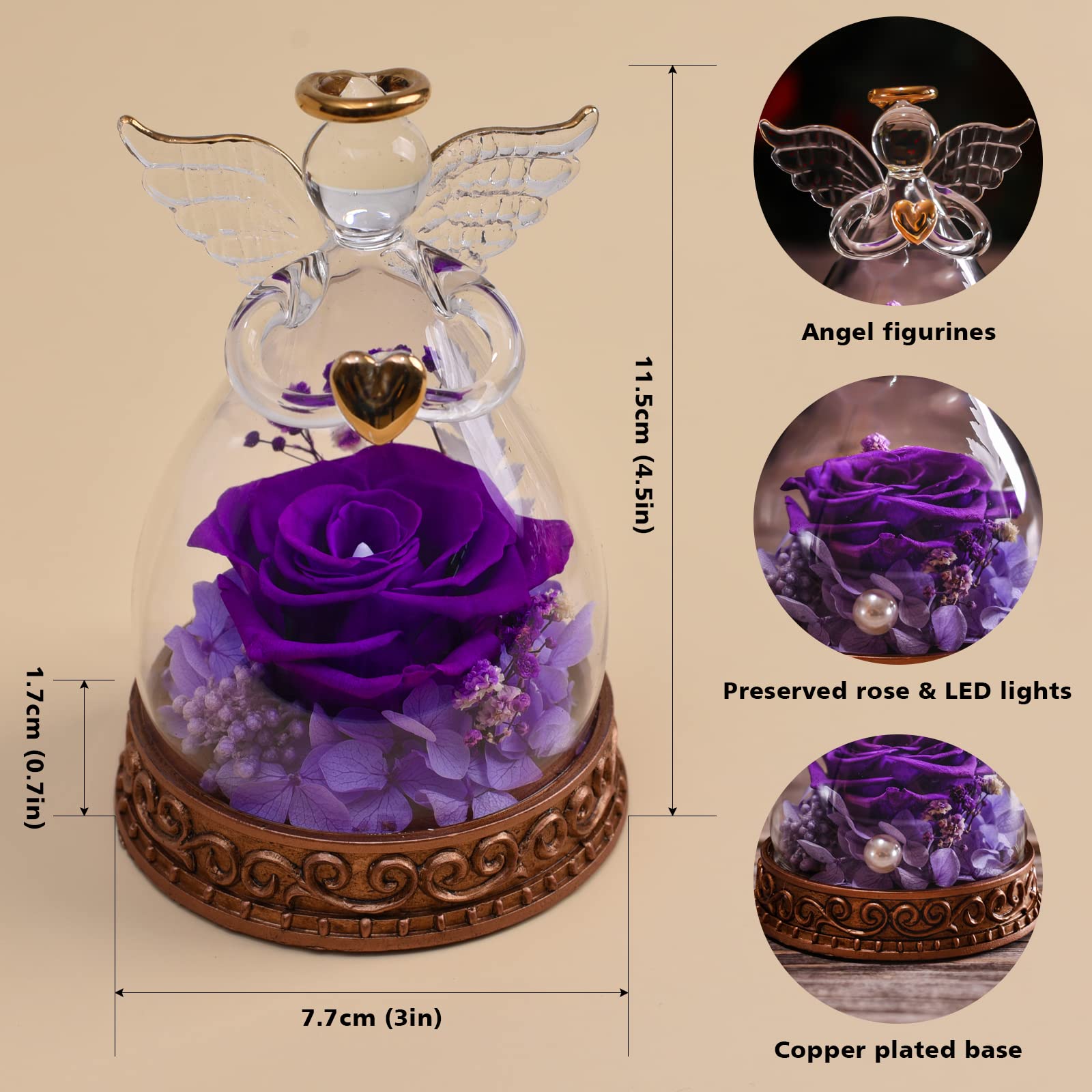 Real Preserved Rose in Glass Angel Figurine with LED Lights - Romantic Gift for Women, Mom, Grandma | Perfect for Mother's Day, Christmas, Birthday, Anniversary & Valentine's Day | Home Decor & Keepsake (Purple)