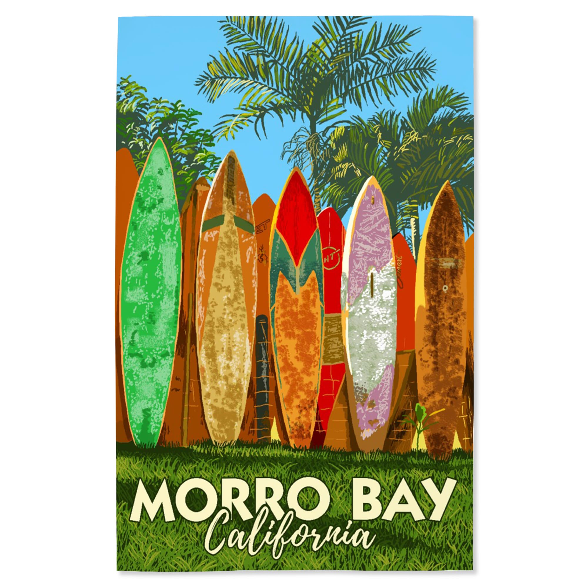 Lantern Press 16x24 Inch Giclee Art Print - Morro Bay California Coastal Wall Decor with Surfboard Fence - Perfect for Beach House, Living Room & Office Wall Art