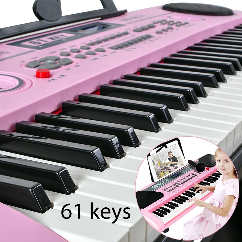 iMeshbean 61-Key Electronic Keyboard Piano - Portable Digital Piano with Built-in Speakers, Stand Included - Perfect for Beginners, Kids & Home Music Practice (Pink)