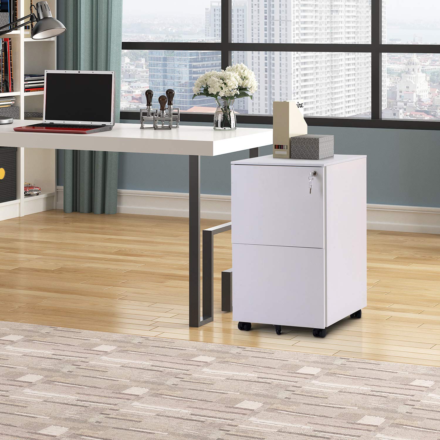 2 Drawer Locking File Cabinet with Wheels - Mobile Metal Filing Cabinet for Home & Office, Steel, White - Perfect for Organizing Documents in Small Spaces & Offices