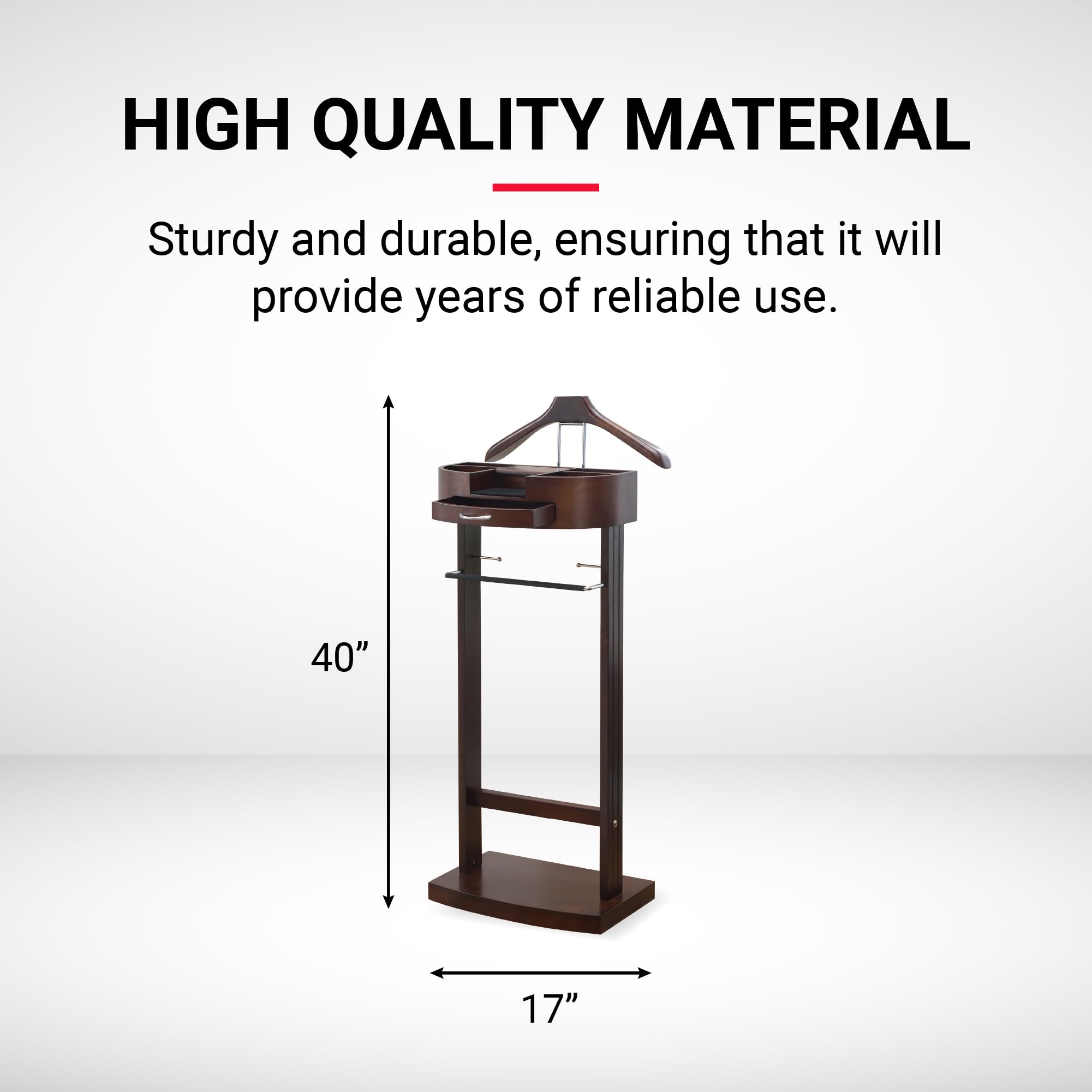 Proman Products Crescent Moon Valet Stand for Men - Wooden Valet Organizer with Drawer, Top Tray, Contour Hanger, Trouser Bar, Belt Hooks & Shoe Rack - Mahogany Finish - Perfect for Bedroom, Closet & Entryway Organization