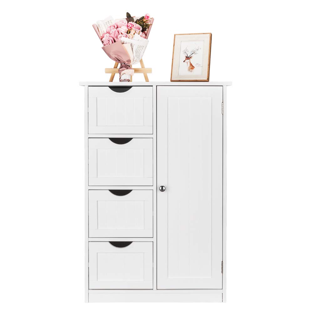 Freestanding Wooden Storage Cabinet with 1 Door & 4 Drawers - Space Saving Entryway Cupboard, Bathroom Floor Cabinet, Bedroom Organizer - Perfect for Entryway Storage, Bathroom Organization & Bedroom Closet