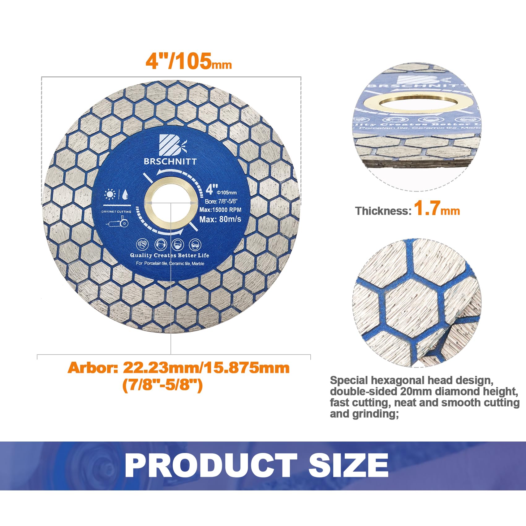 4 Inch Diamond Granite Cutting Wheel - BRSCHNITT 105mm Vacuum Brazed Angle Grinder Blade for Porcelain, Tile, Ceramic, Stone, Marble, Quartz | Perfect for DIY Home Renovation, Tile Installation & Stone Fabrication Projects