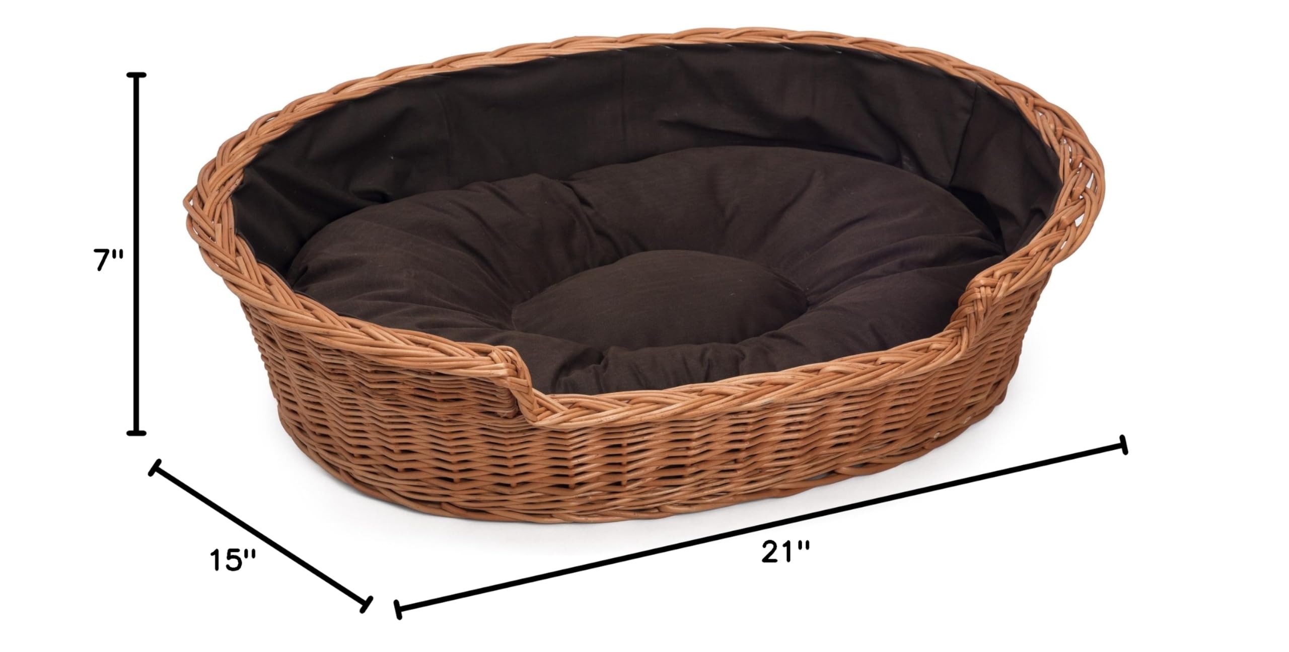 Small Woven Wicker Dog Bed Basket with Removable Cushion - Dark Brown Pet Bed for Small Dogs & Cats - Perfect for Living Room, Bedroom or Patio