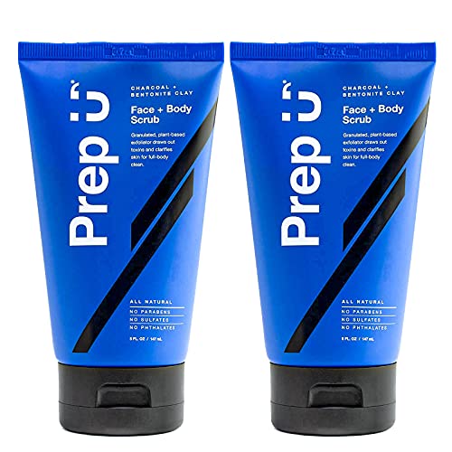 Prep U Activated Charcoal Scrub for Teens, Men & Athletes - Natural Exfoliating Face & Body Scrub for Acne, Blemishes & Blackheads - 5 Fl Oz (2 Pack) - Deep Cleansing for Post-Workout & Daily Skincare Routine