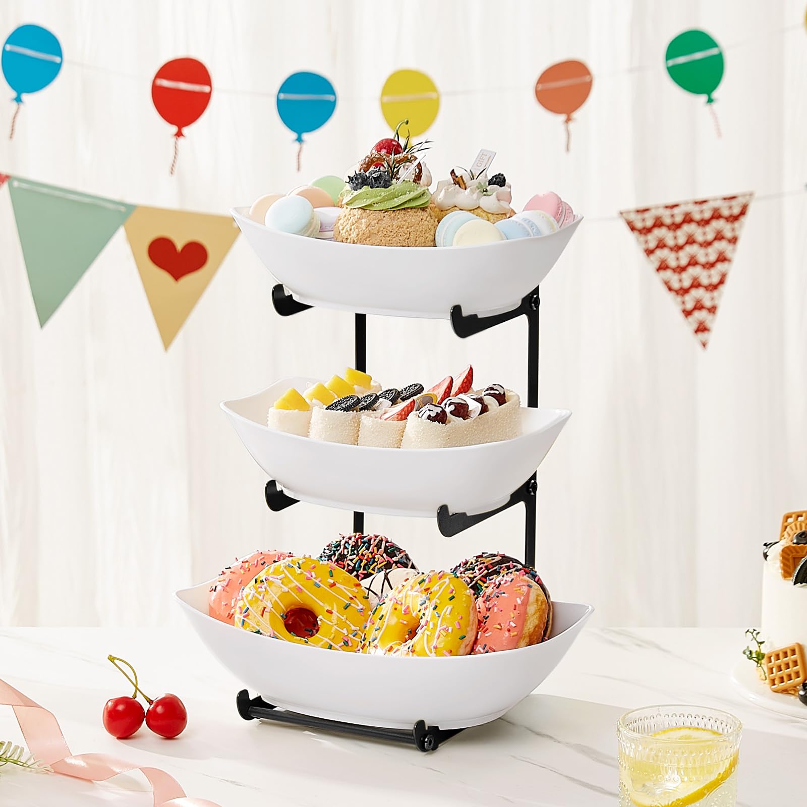 3-Tier Plastic Fruit Bowl Basket with Black Metal Stand - Kitchen Countertop Organizer for Fruits, Vegetables, Cakes & Desserts | Perfect for Party Serving, Home Decor and Dining Table Display