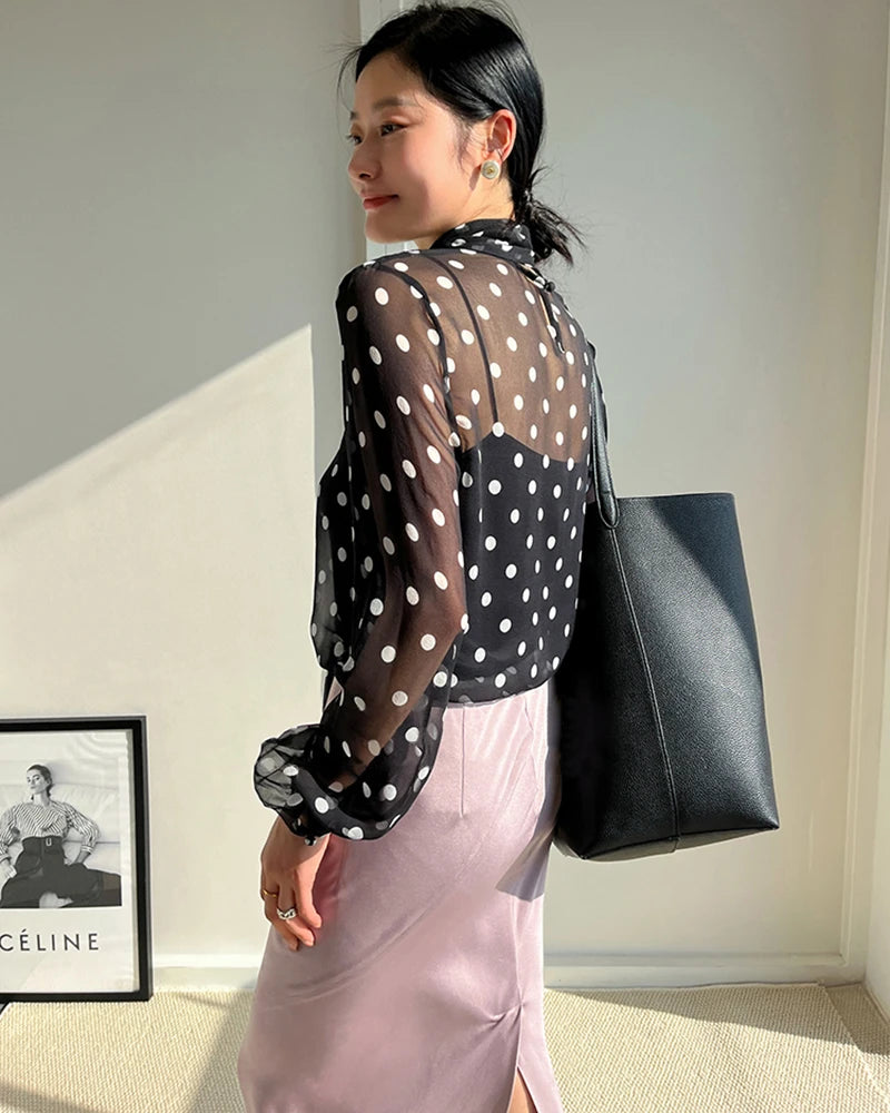 Elegant Sheer Polka Dot Silk Blouse for Women - Breathable & Comfortable Party Wear - Perfect for Office, Date Night & Special Occasions