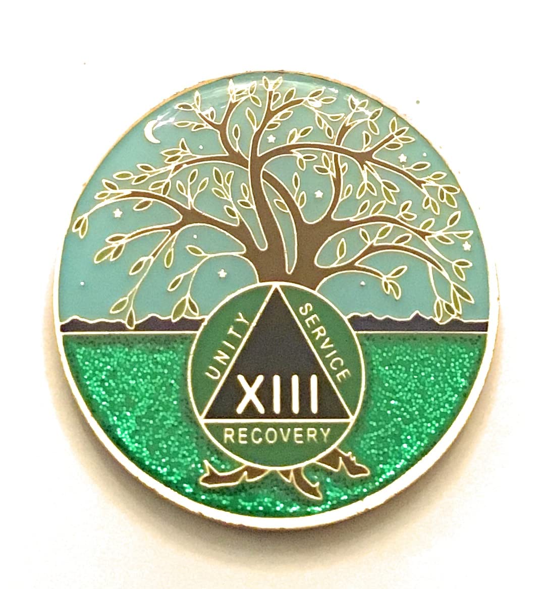 13 Year AA Medallion - Green & Blue Tree of Life Sobriety Chip | Alcoholics Anonymous Recovery Token | Inspirational Gift for Sobriety Milestones & 12-Step Programs