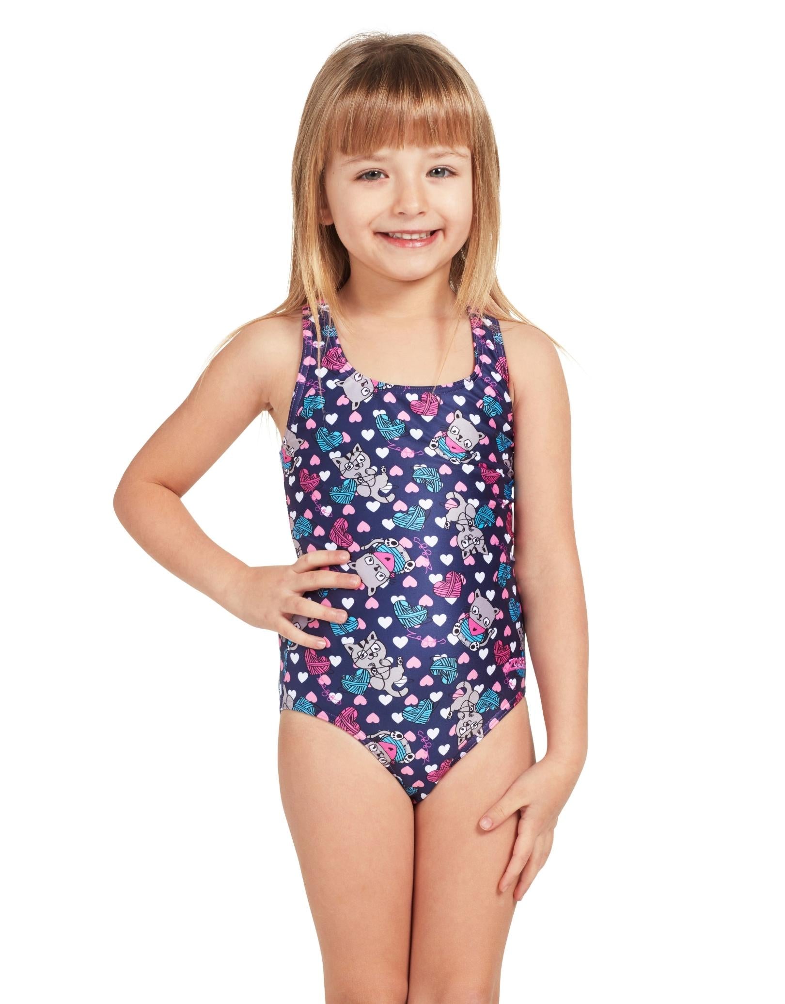 Adorable Girls Kitty Print Action Back Swimsuit - Cute One-Piece Bathing Suit for Toddlers & Kids - Perfect for Beach, Pool & Summer Water Play