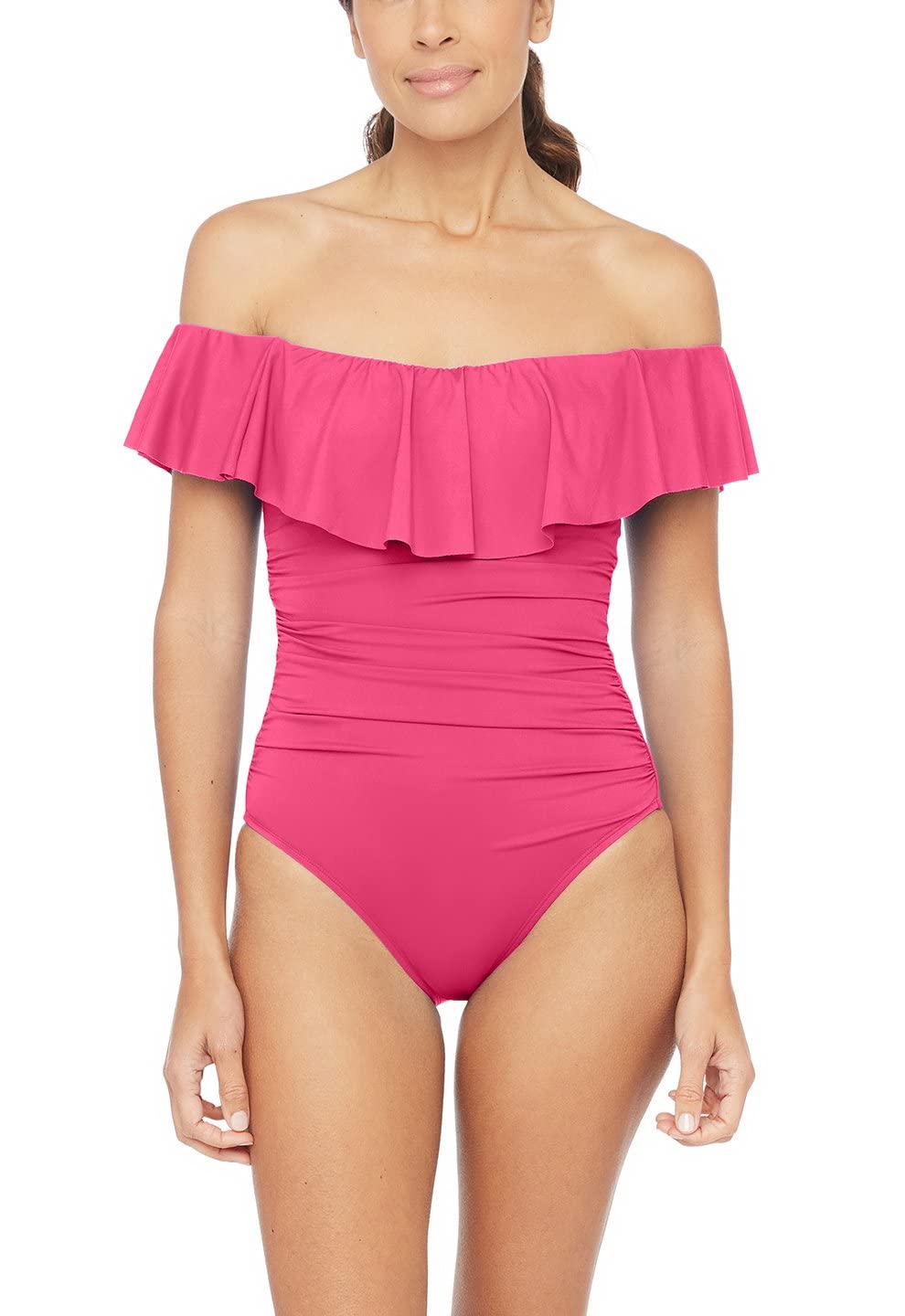 La Blanca Women's Island Goddess Off Shoulder Ruffle One Piece Swimsuit - Flattering Swimwear for Beach Vacation & Pool Party | Plus Size Bathing Suit with Adjustable Straps