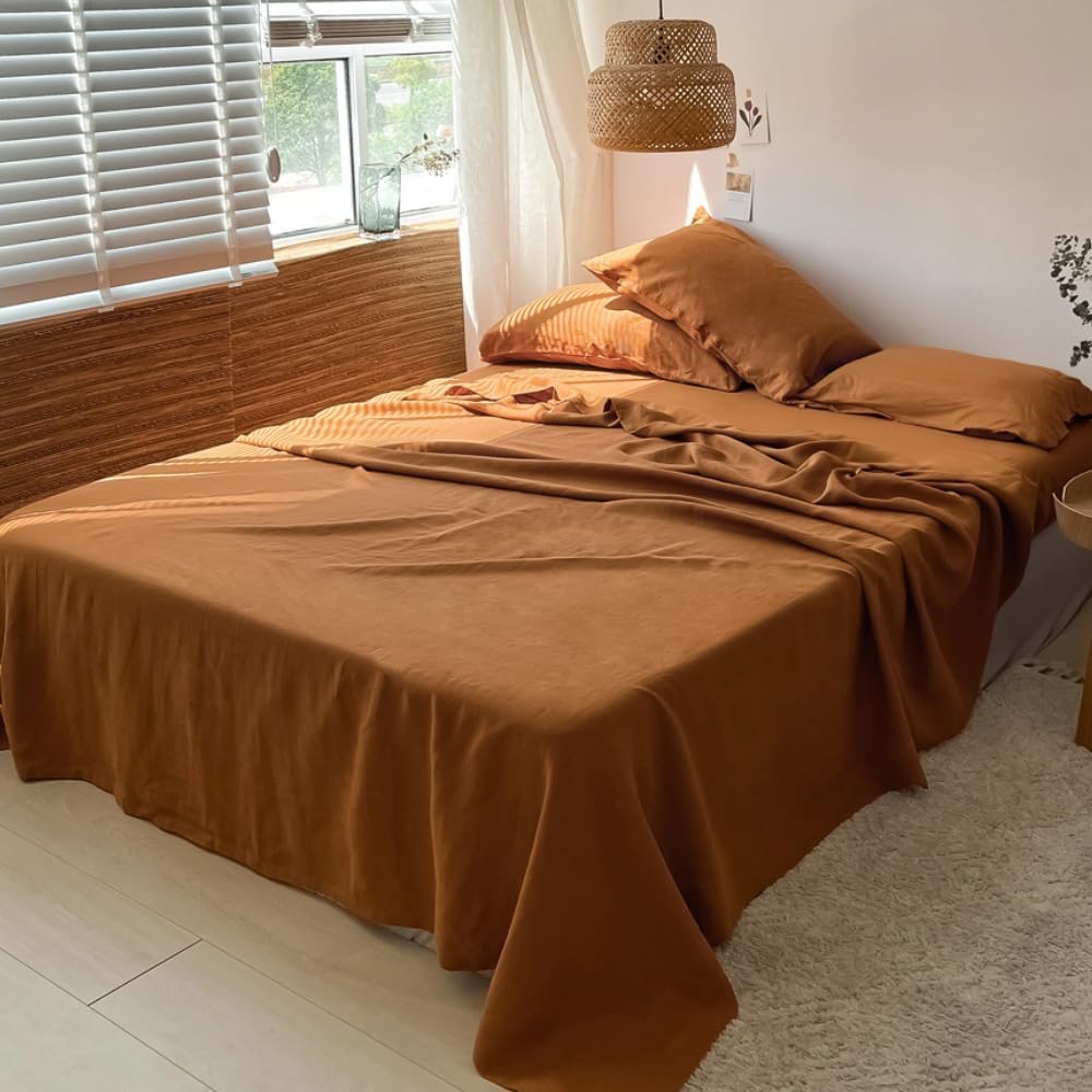 Premium 100% French Linen Sheet Set - Twin Size 3-Piece (Rust Color) | Natural Breathable & Durable All-Season Bedding | Soft Luxury Linen Sheets for Bedroom, Guest Room & Vacation Homes