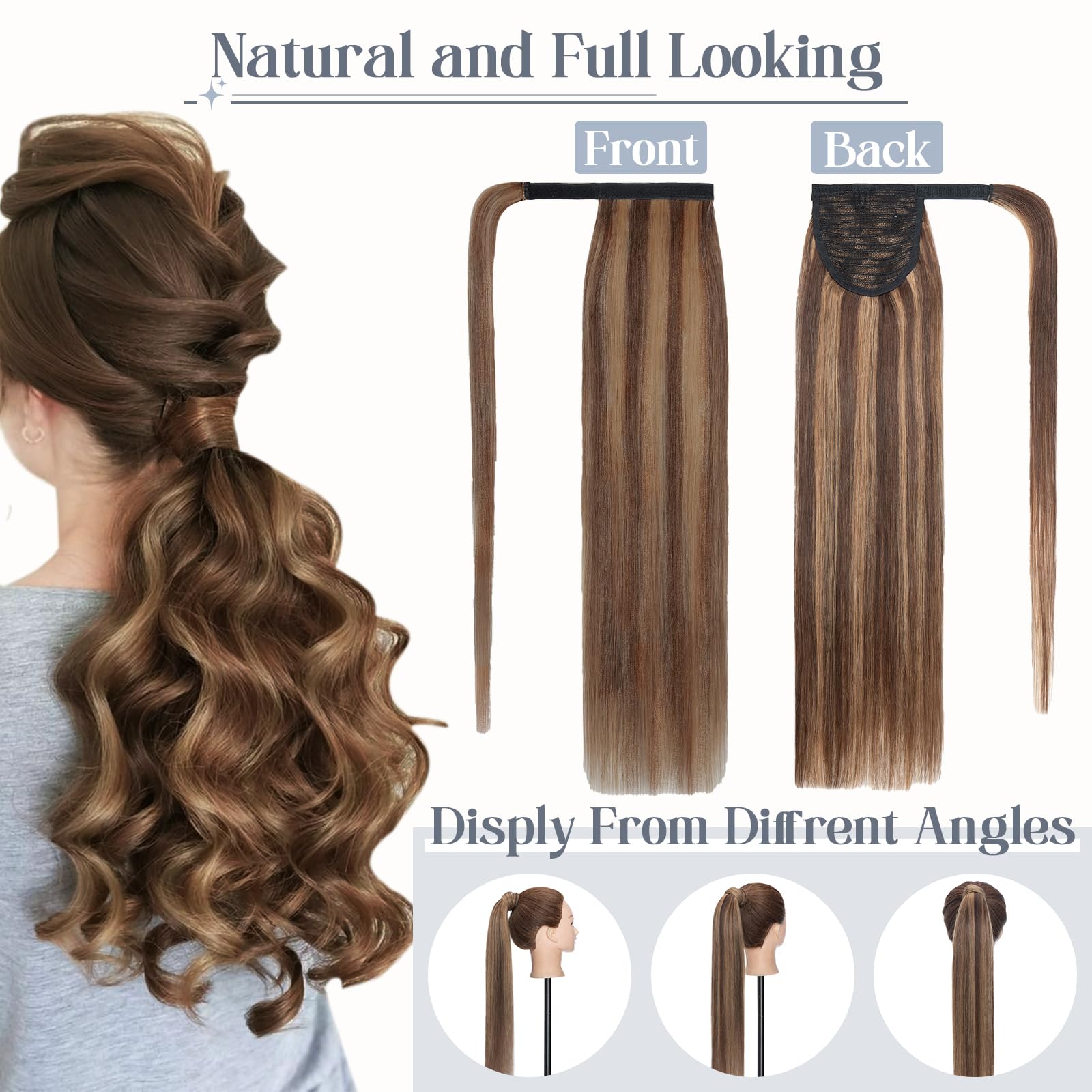 Premium Human Hair Ponytail Extension #4P27 - Medium Brown with Dark Blonde Highlights - 22 Inch Straight Clip-In Wrap Around Ponytail (90g) for Women - Perfect for Parties, Weddings & Everyday Styling
