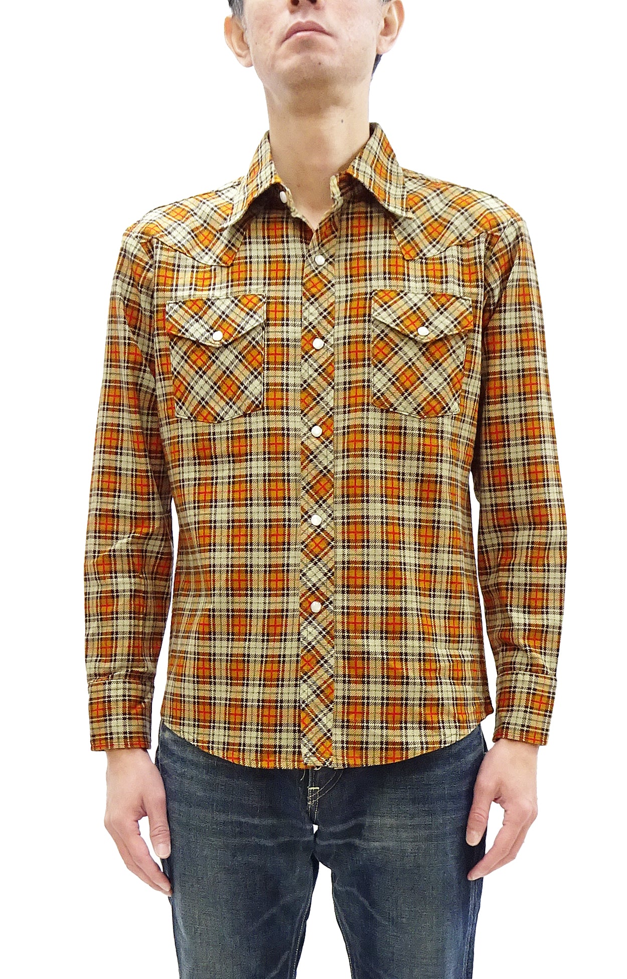 TOYS McCOY Taxi Driver Shirt for Men - Vintage Long Sleeve Western Snap Button Plaid Shirt (TMS2404) in Yellow | Casual Wear, Cowboy Style, Retro Fashion Outfit