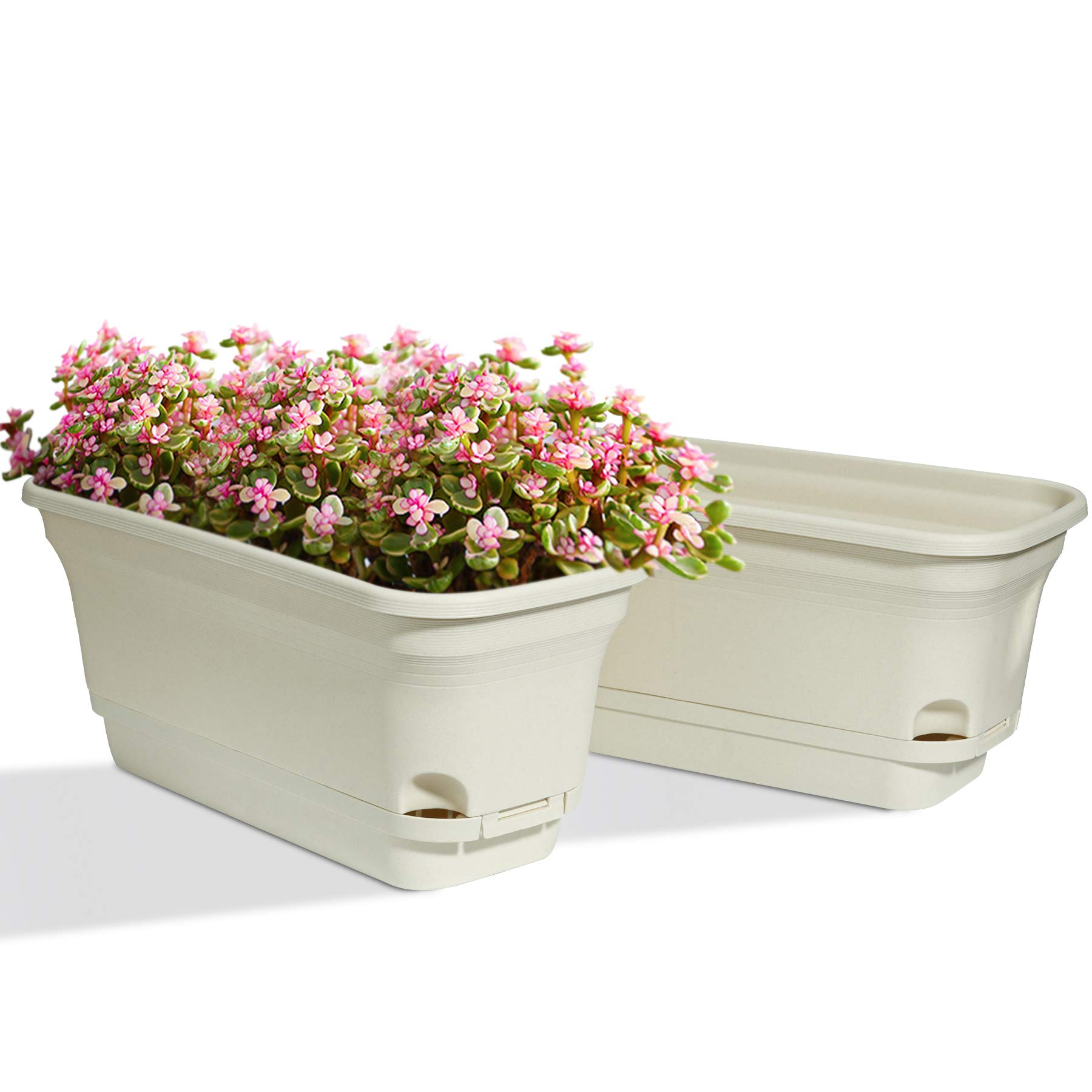 Self Watering Planters - Set of 2 Modern Rectangular Plastic Flower Pots with Automatic Watering System for Indoor Plants, Herbs, Succulents, African Violets - Beige Home Decor for Windowsill, Balcony & Kitchen Gardening