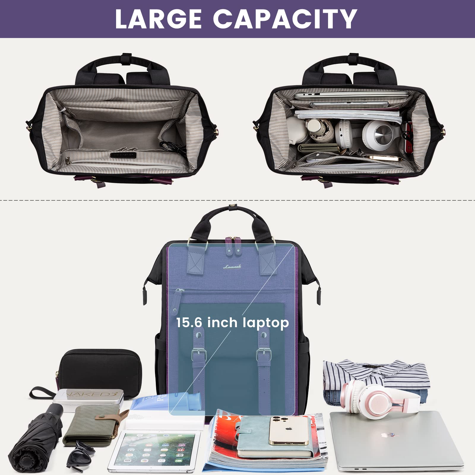 LOVEVOOK 15.6 Inch Laptop Backpack for Women - Waterproof USB Charging Port Work Bag, College Backpack for Nurse & Teacher, Business Travel Computer Bag - Perfect for Office, School & Commuting (Black-Purple)