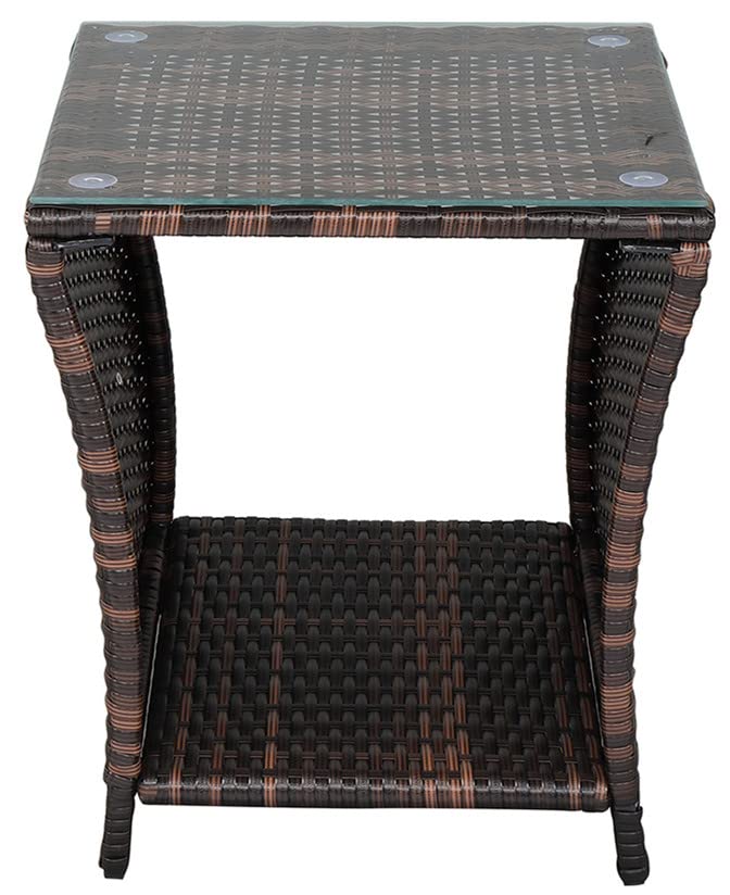 Brown Rattan Side Table with Glass Top - Outdoor Coffee Table for Poolside, Porch & Bedroom