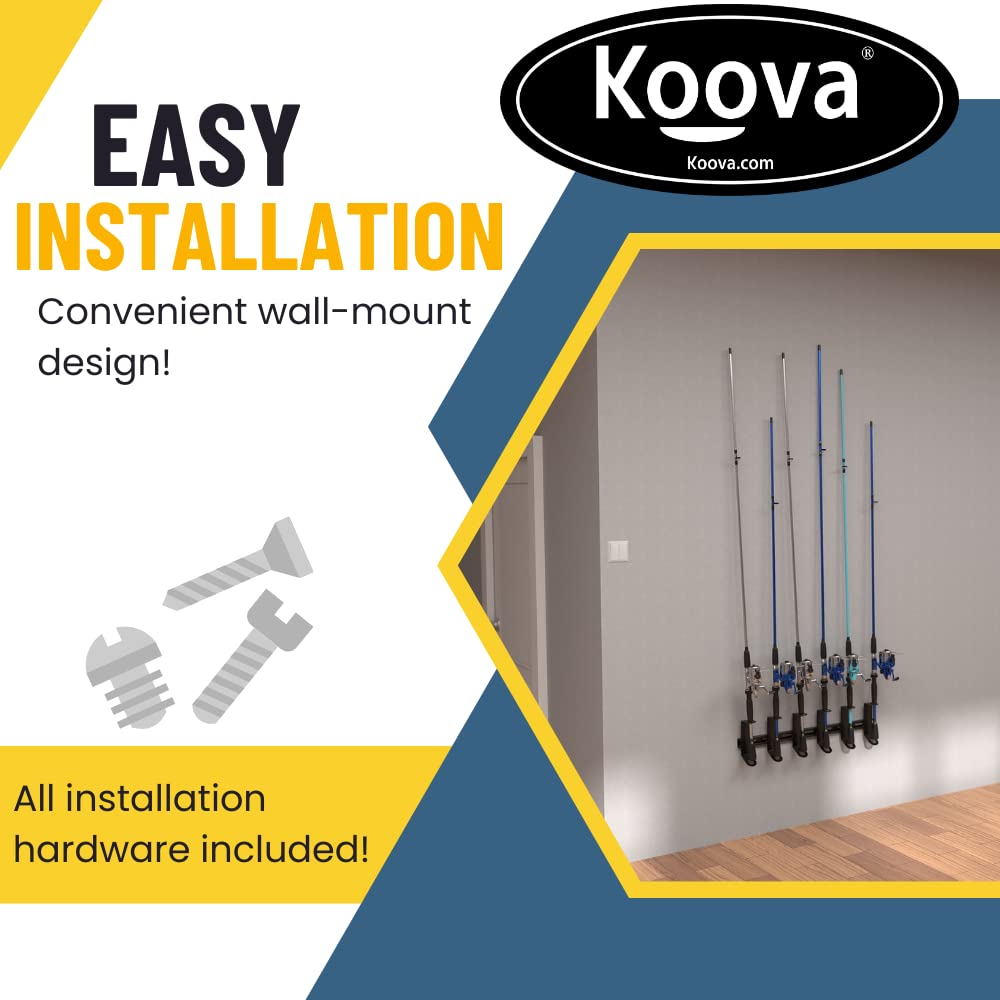 Koova Wall Mount Fishing Rod Holders & Reel Storage Rack - Heavy Duty Steel Fishing Pole Organizer for Garage, Boat, and Outdoor Gear Storage - Perfect for Anglers and Fishing Enthusiasts