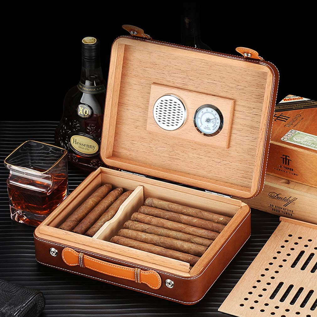 Premium Cedar Wood Travel Cigar Humidor Case - Portable Leather Cigar Box with Built-in Humidifier & Hygrometer | Perfect for Business Travel, Outdoor Adventures & Cigar Storage