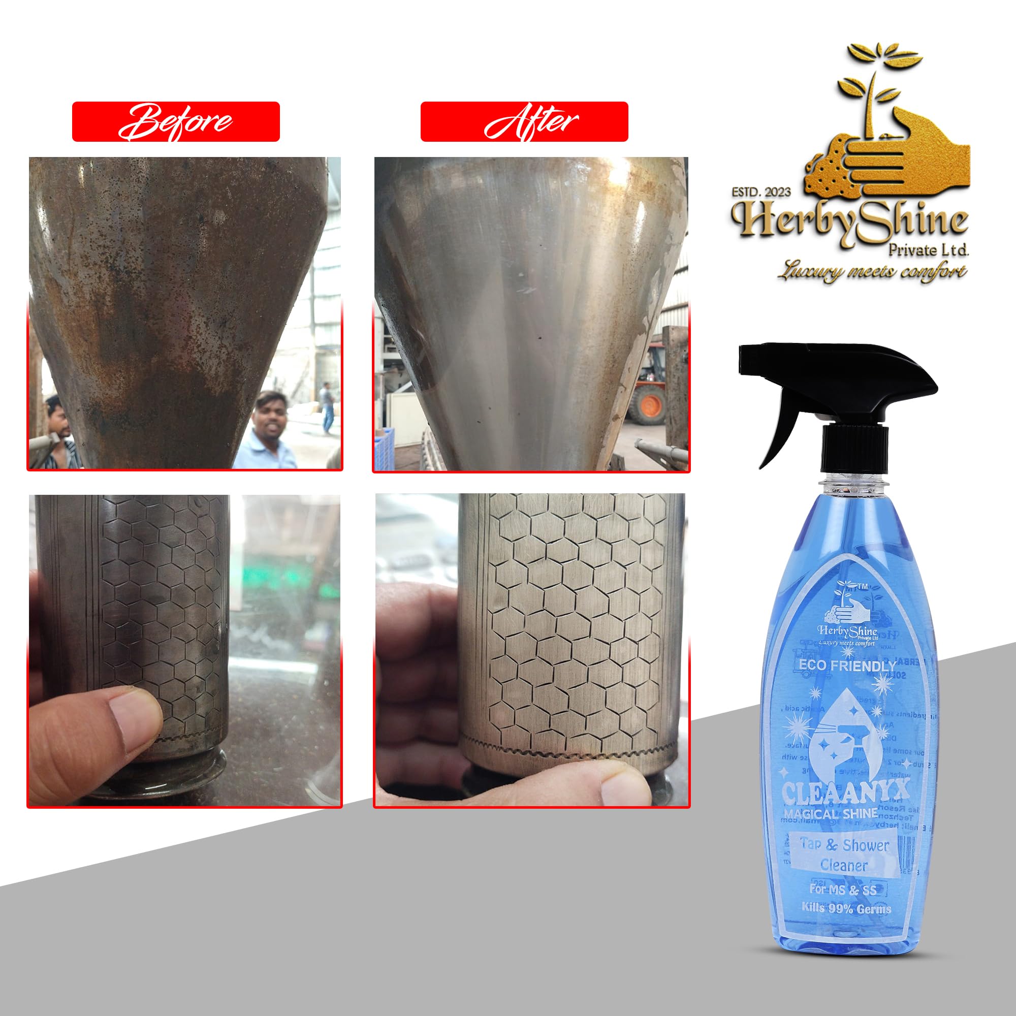 HerbyShine Bathroom Tap Cleaner | Hard Water Stain Remover & Shower Head Cleaner | Liquid Spray for Stain Removal | Perfect for Kitchen Sinks, Faucets, and Shower Glass Doors