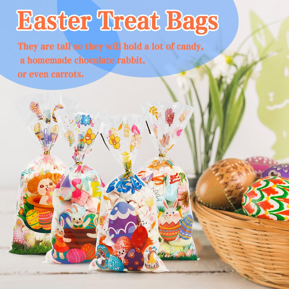 100-Pack Clear Easter Cellophane Treat Bags with Twist Ties - Easter Candy Bags, Easter Party Favors, Easter Gift Bags for Candy, Cookies & Small Gifts - Perfect for Easter Egg Hunts, Classroom Treats & Holiday Party Supplies