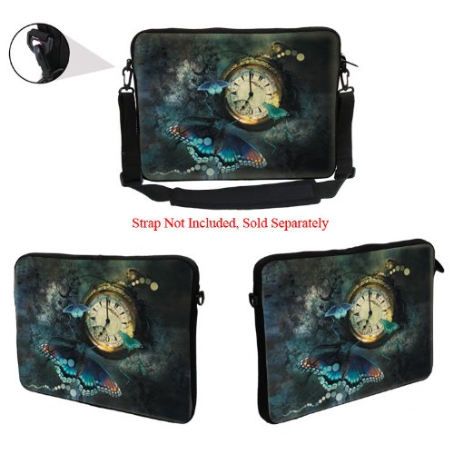 14-14.5 Inch Neoprene Laptop Sleeve Case with Hidden Handle - Compatible with MacBook Air, Ultrabooks & Chromebooks | Protective Computer Bag for Work, School & Travel | Clock Butterfly Design