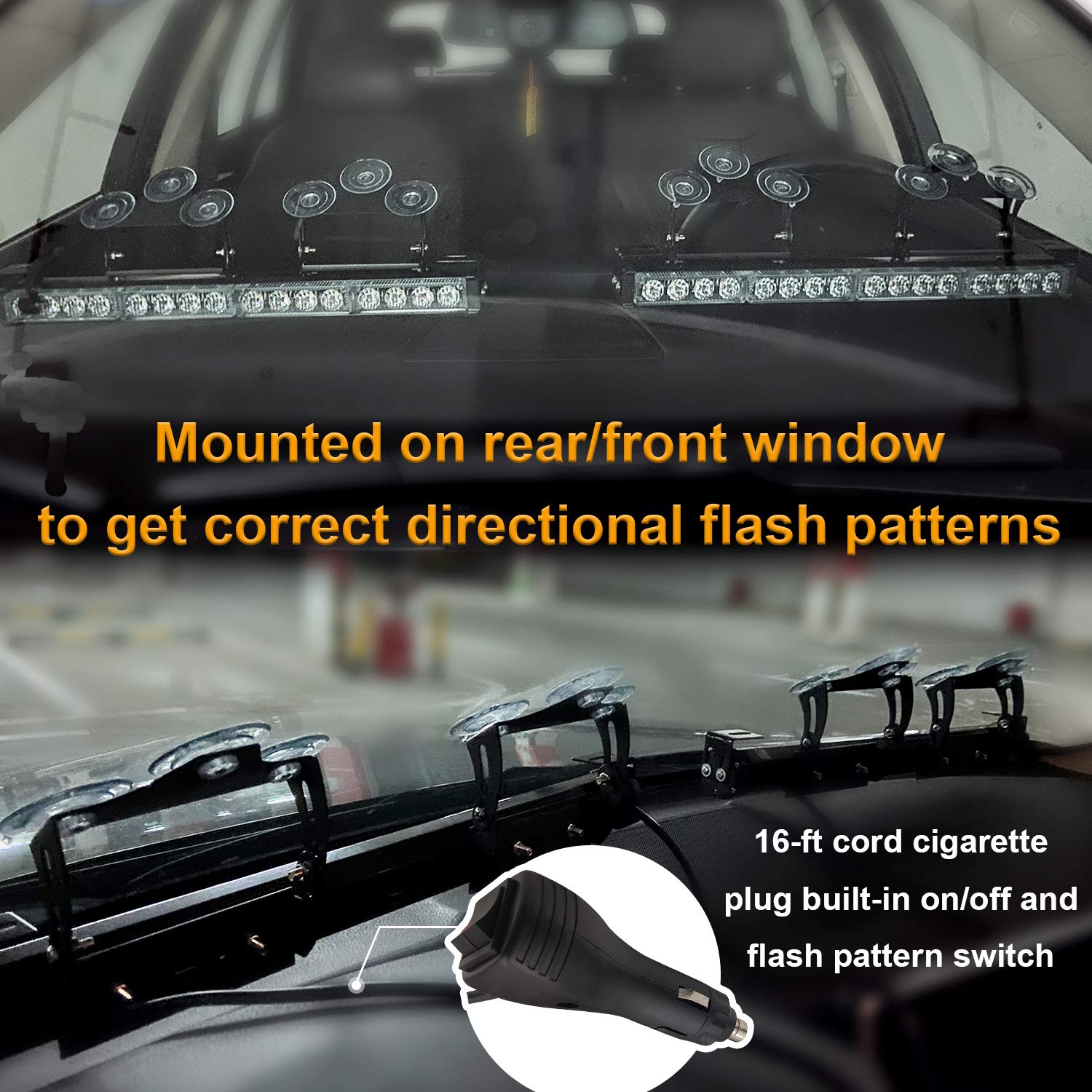 2 in 1 32 Inch Emergency Strobe Light Bar - Amber LED Warning Lights with Directional Flash & Traffic Advisor for Trucks, Cars, and Emergency Vehicles - Easy Interior Installation with Cigar Lighter Wiring Kit - Perfect for Roadside Safety, Construction Zones, and Hazard Warning Scenarios