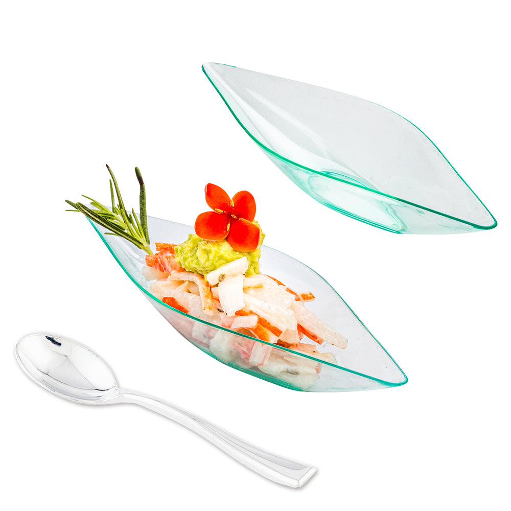 100-Pack Seagreen Plastic Canoe Dishes & 100-Pack Silver Mini Plastic Spoons for Parties, Picnics, Camping, and Outdoor Events