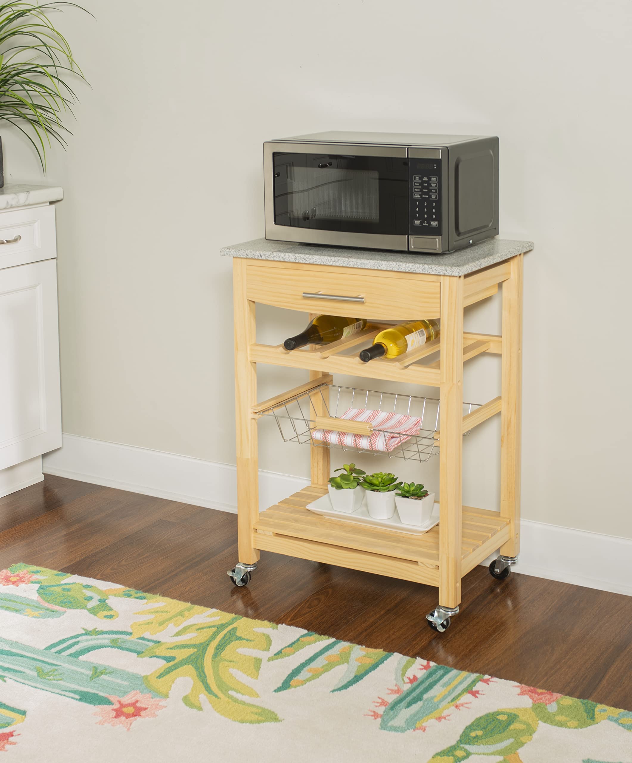 Linon Mila Natural Granite Kitchen Island with Storage Basket & Wheels - Mobile Kitchen Cart for Small Spaces, Food Prep & Extra Counter Space