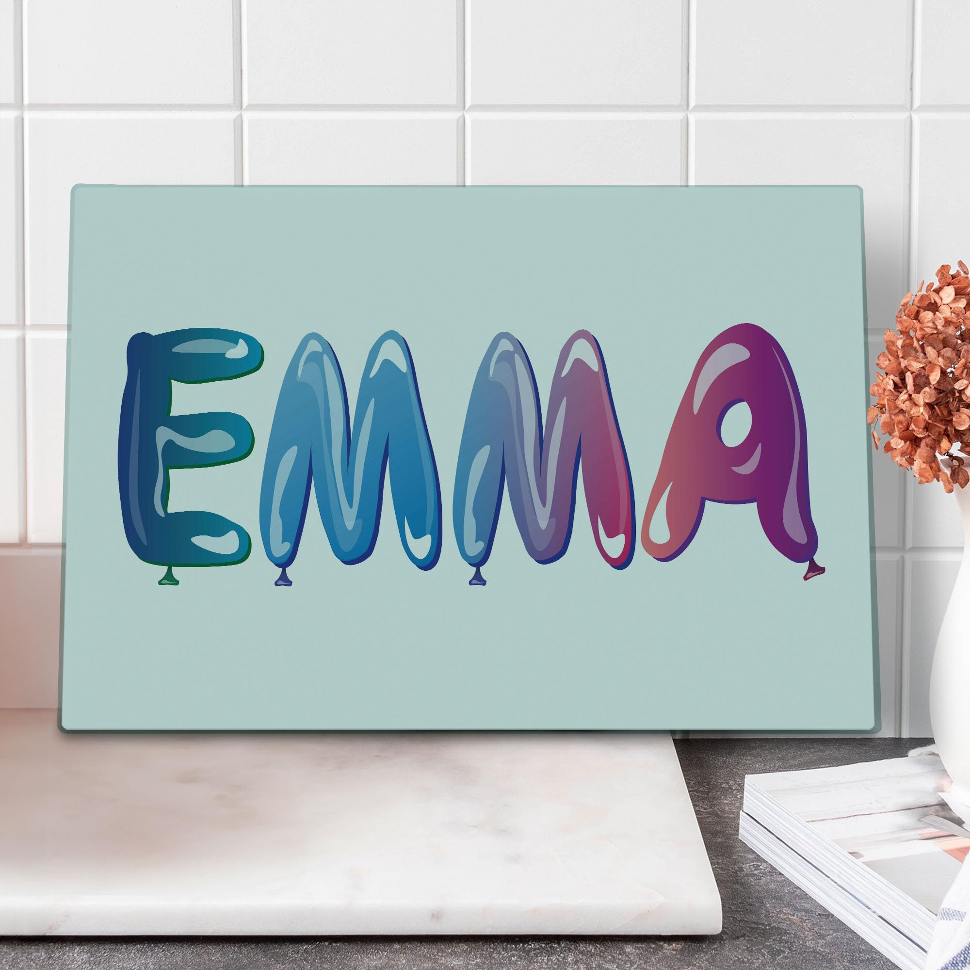 Ambesonne Emma Tempered Glass Cutting Board - Large Decorative Serving Tray with Feminine Girl Name & Ornate Balloon Design - Perfect for Kitchen Prep, Charcuterie Boards & Party Serving (Multicolor)