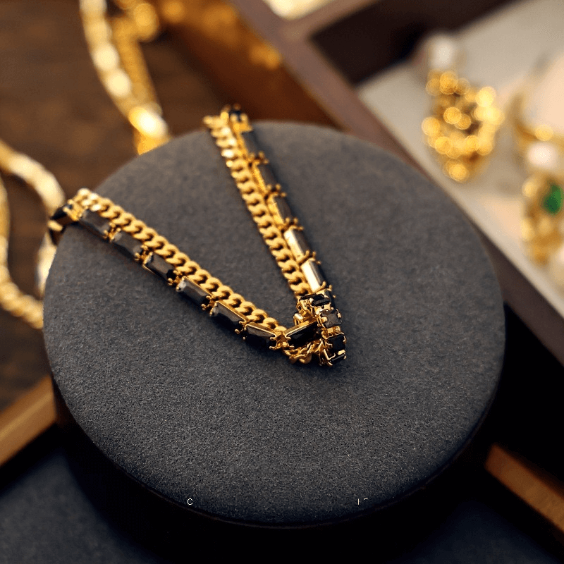 Black and Gold Layered Tennis Chain Necklace for Men & Women | 18K Gold Plated Stainless Steel Hip Hop Jewelry | Perfect for Parties, Gifts & Everyday Wear (QT2203)