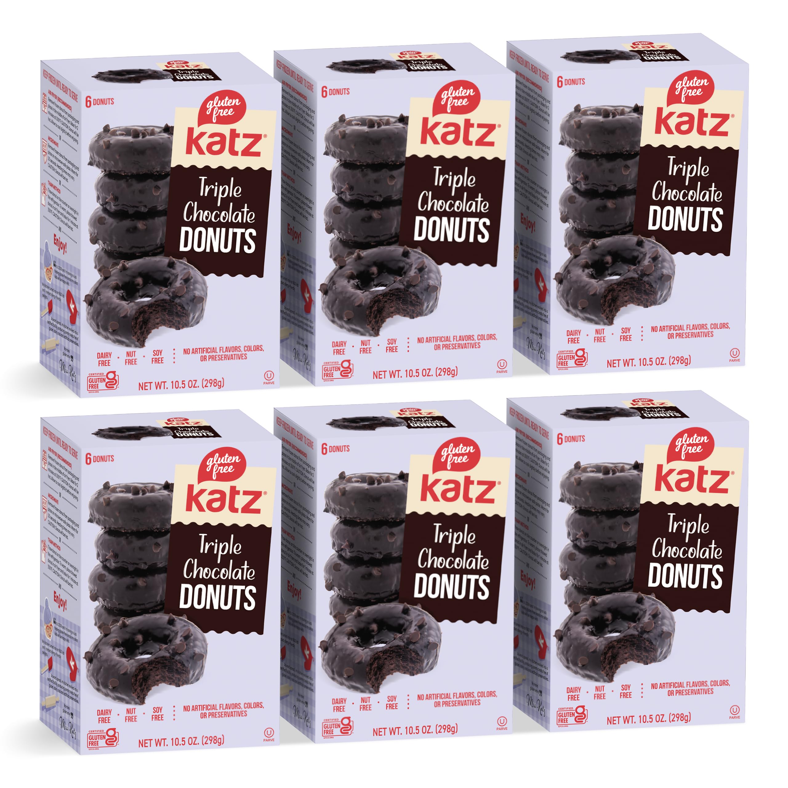 Katz Gluten Free Triple Chocolate Donuts - Dairy Free, Nut Free, Soy Free, Kosher Certified (6 Packs of 6 Donuts, 13oz) - Perfect for Allergy-Friendly Snacking, School Lunches & Special Occasions