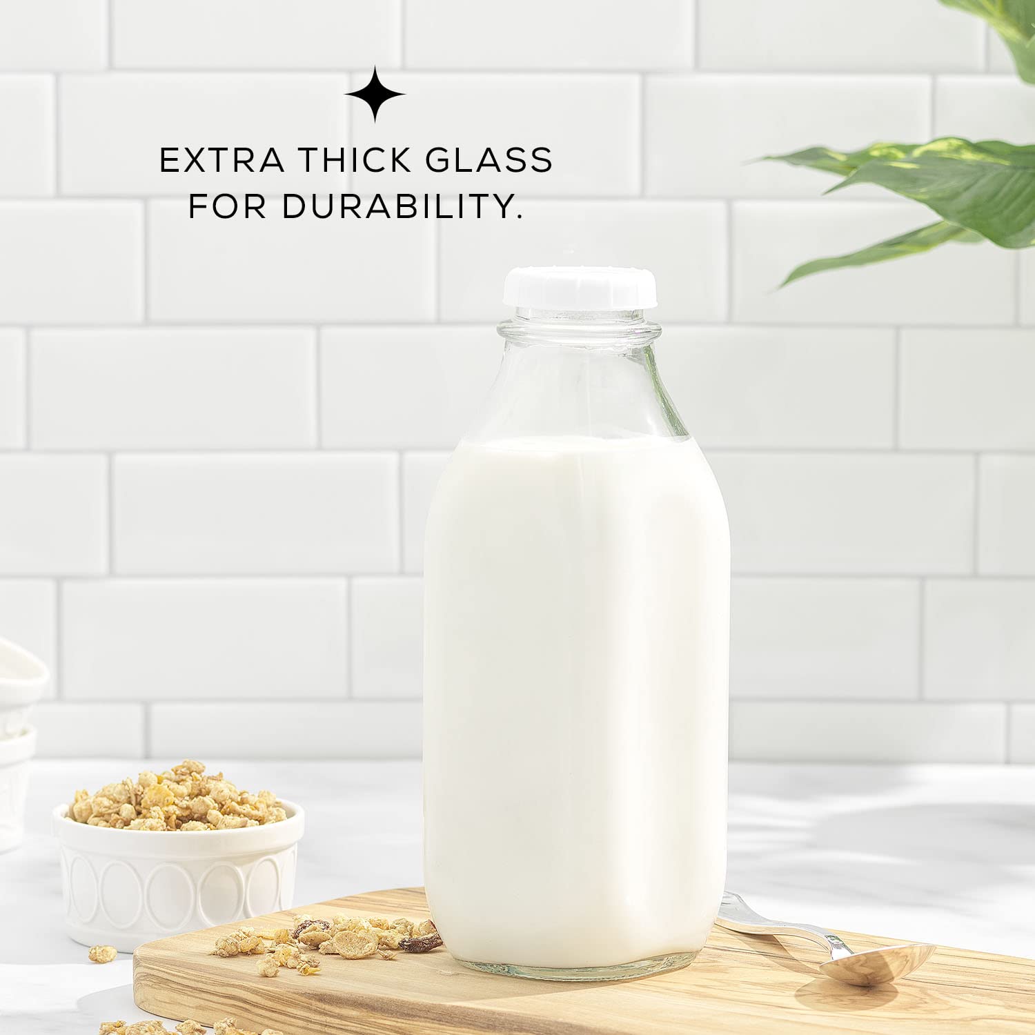 JoyJolt 32 Oz Glass Milk Bottles with Lids & Pourer - 3 Pack Airtight, Leakproof, BPA-Free Food Grade Pitcher | Reusable Heavy Duty Glass Jugs for Milk, Juice, Water | Dishwasher Safe for Kitchen, Restaurant, Camping & Meal Prep