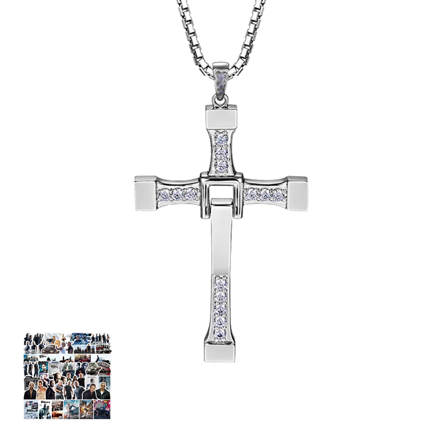 YouU 21pcs Dominic Toretto's Silver Crystal Diamond Cross Pendant Necklace - Fast & Furious Inspired Jewelry for Fans, Cosplay, Gifts & Everyday Wear
