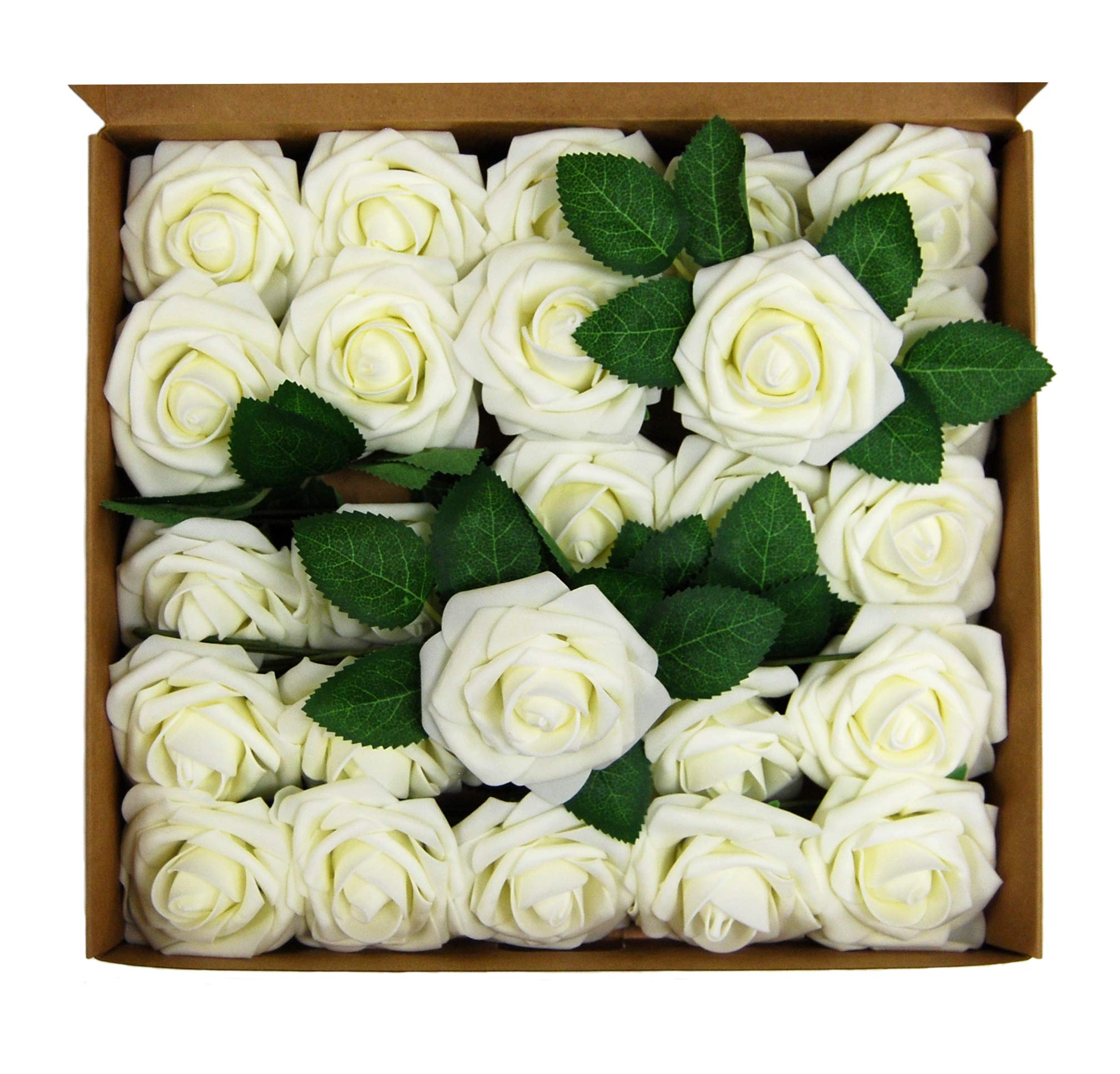 25pcs Realistic Ivory Foam Artificial Rose Flowers with Stems - DIY Wedding Bouquets, Bridal Party Decorations, Table Centerpieces, Home & Event Decor