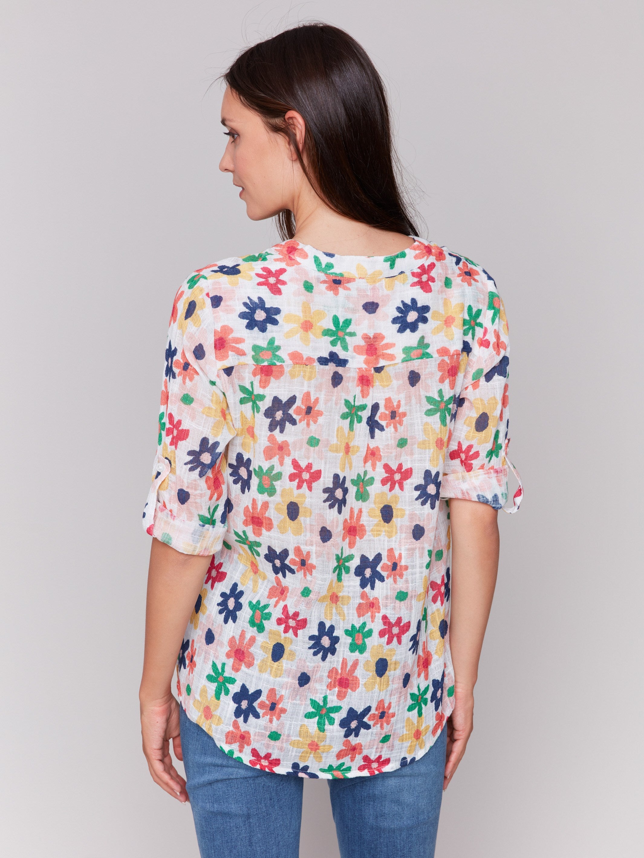 Floral Printed Cotton Gauze Half Button Blouse - Boho Chic Daisy Design for Women | Perfect for Summer Outfits, Beach Vacations & Casual Wear