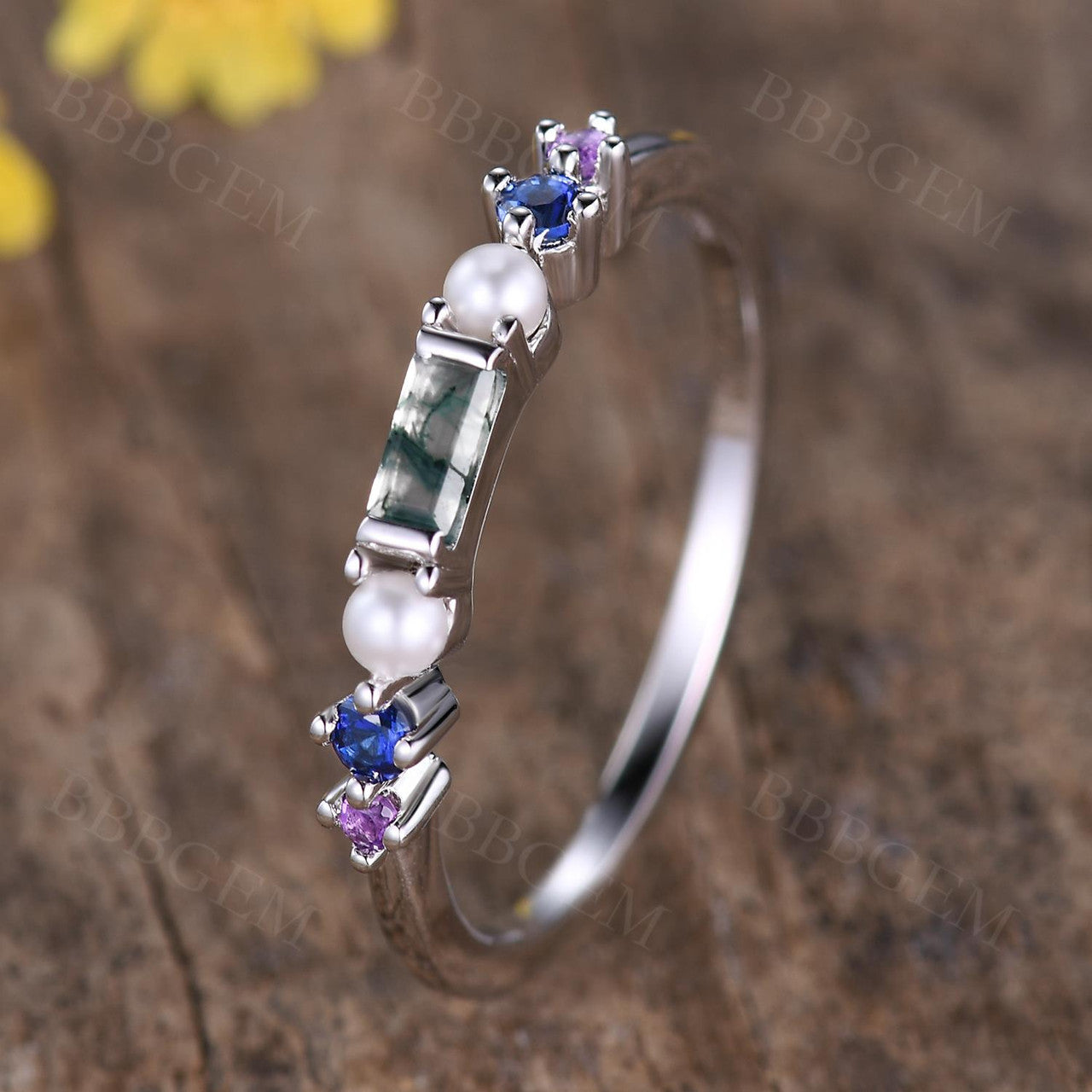 Rainbow Gemstone Family Ring - Green Moss Agate & Pearl Multi-Color Birthstone Band for Women | Perfect for Mother's Day, Anniversary Gifts & Special Occasions