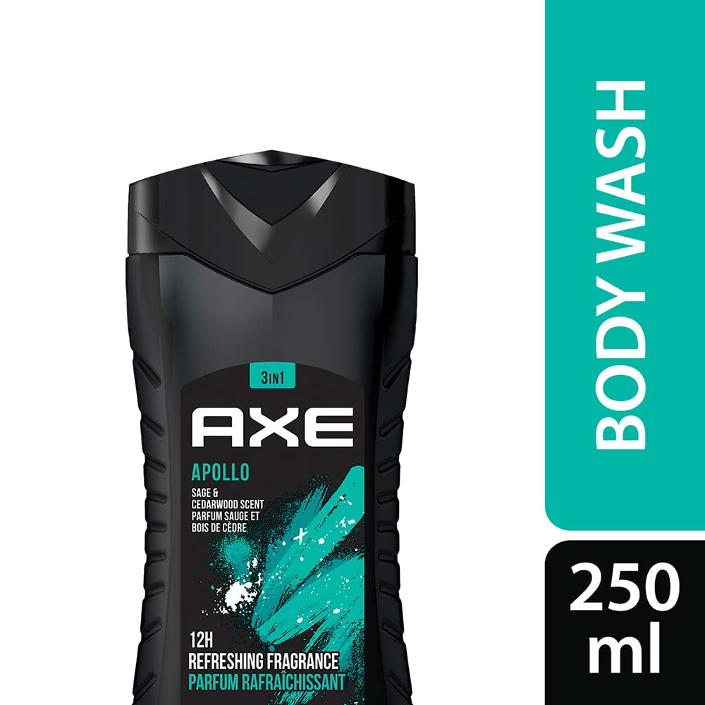 Axe Apollo 3-in-1 Body Wash, Face Wash & Shampoo for Men | Long-Lasting 12-Hour Sage & Cedarwood Scent | Natural Ingredients, Paraben-Free, Dermatologist Tested | 250ml | Perfect for Gym, Travel & Daily Shower Routine