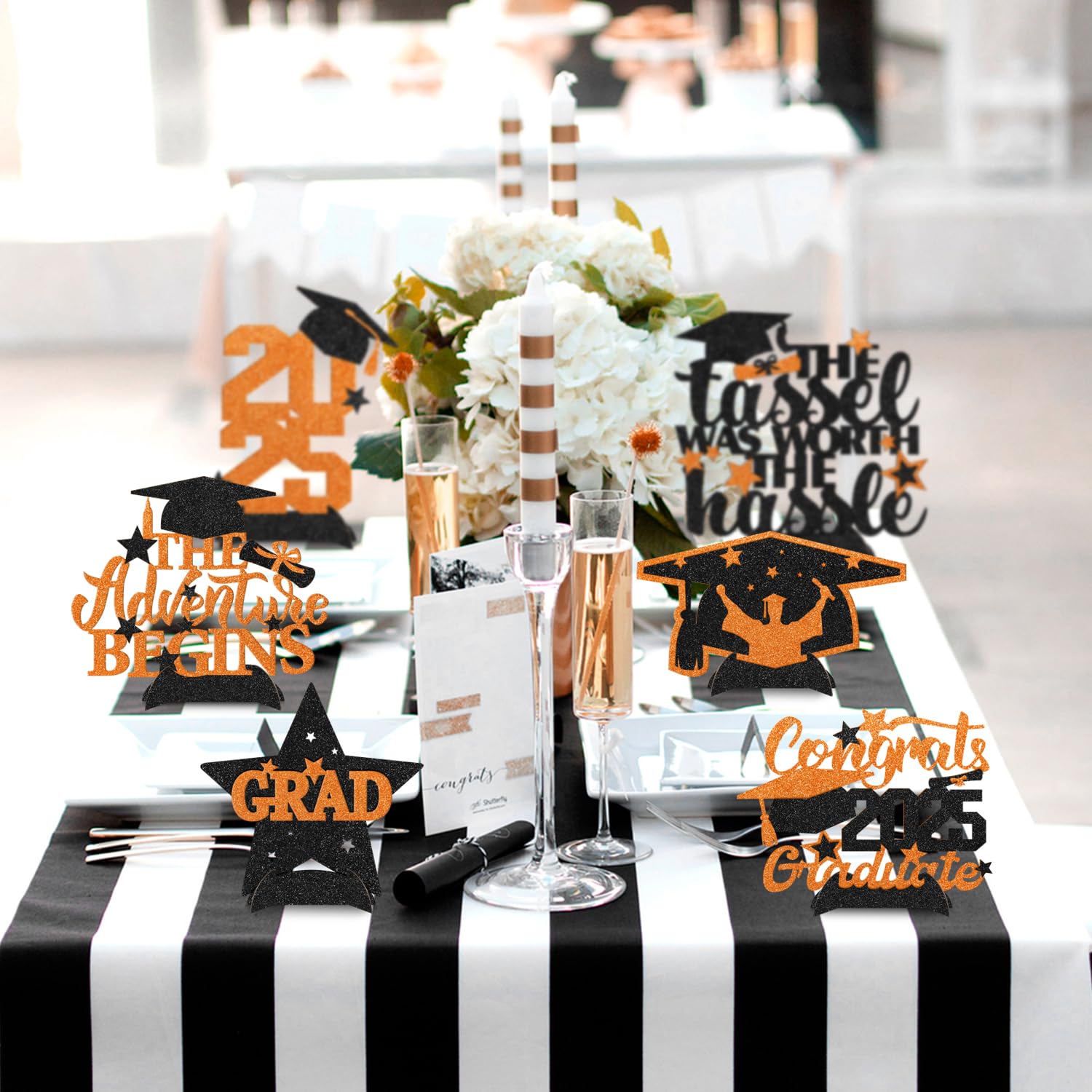 2025 Orange Graduation Glitter Centerpieces - Set of 6 | Graduation Table Decorations & Photo Booth Props | Perfect for Graduation Parties, School Celebrations & Commencement Ceremonies