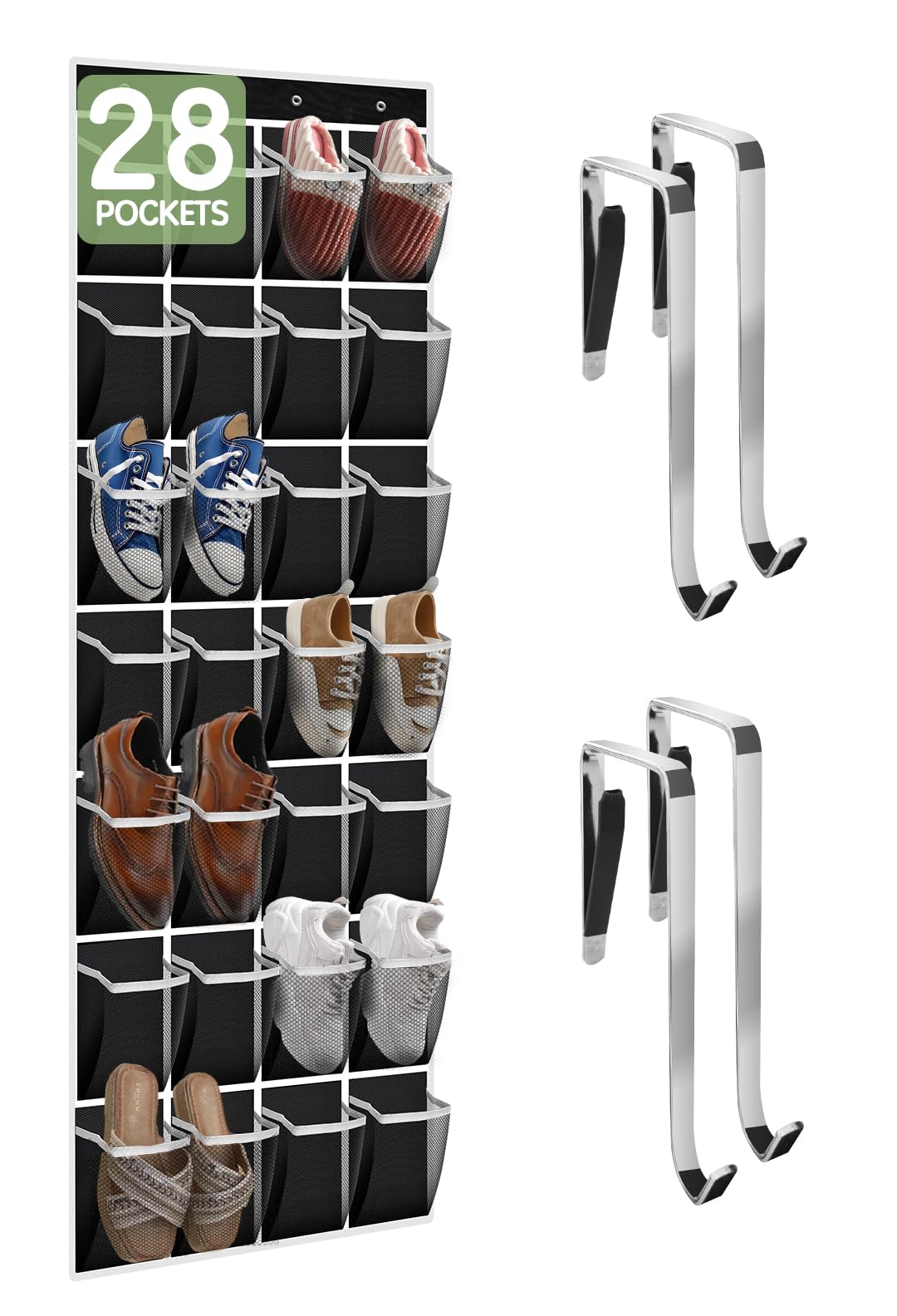 28 Compartment Breathable Mesh Over the Door Hanging Shoe Organizer for Closet - Large Storage for Men & Women Shoes - Space Saving Shoe Rack (Black) - Perfect for Bedrooms, Dorms, Apartments and Small Spaces