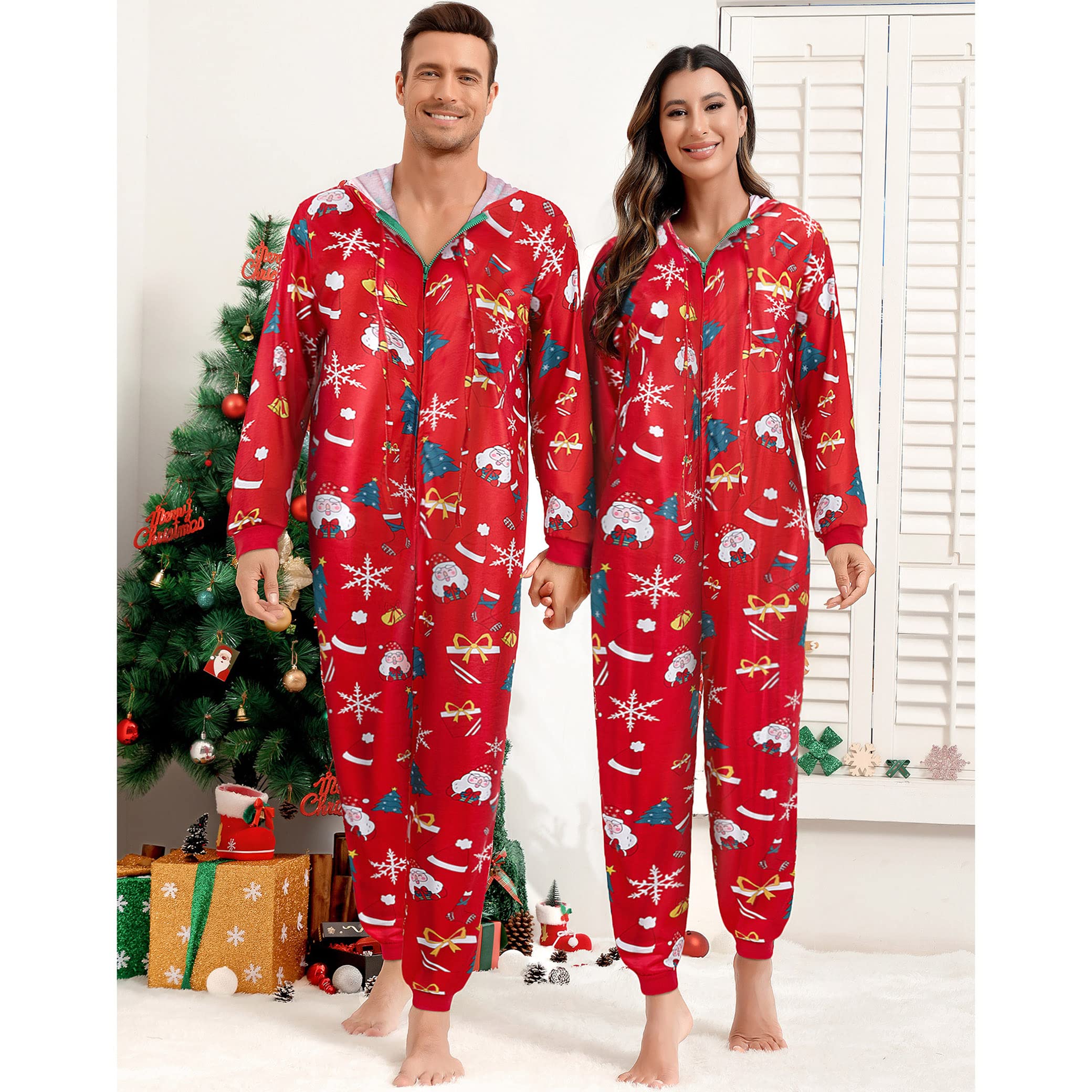 Kranchungel Adult Onesie Pajamas - Hooded Fleece Jumpsuit for Women & Couples, Family Matching Holiday Pajamas (Red, Medium) - Cozy Loungewear for Christmas, Halloween & Sleepovers